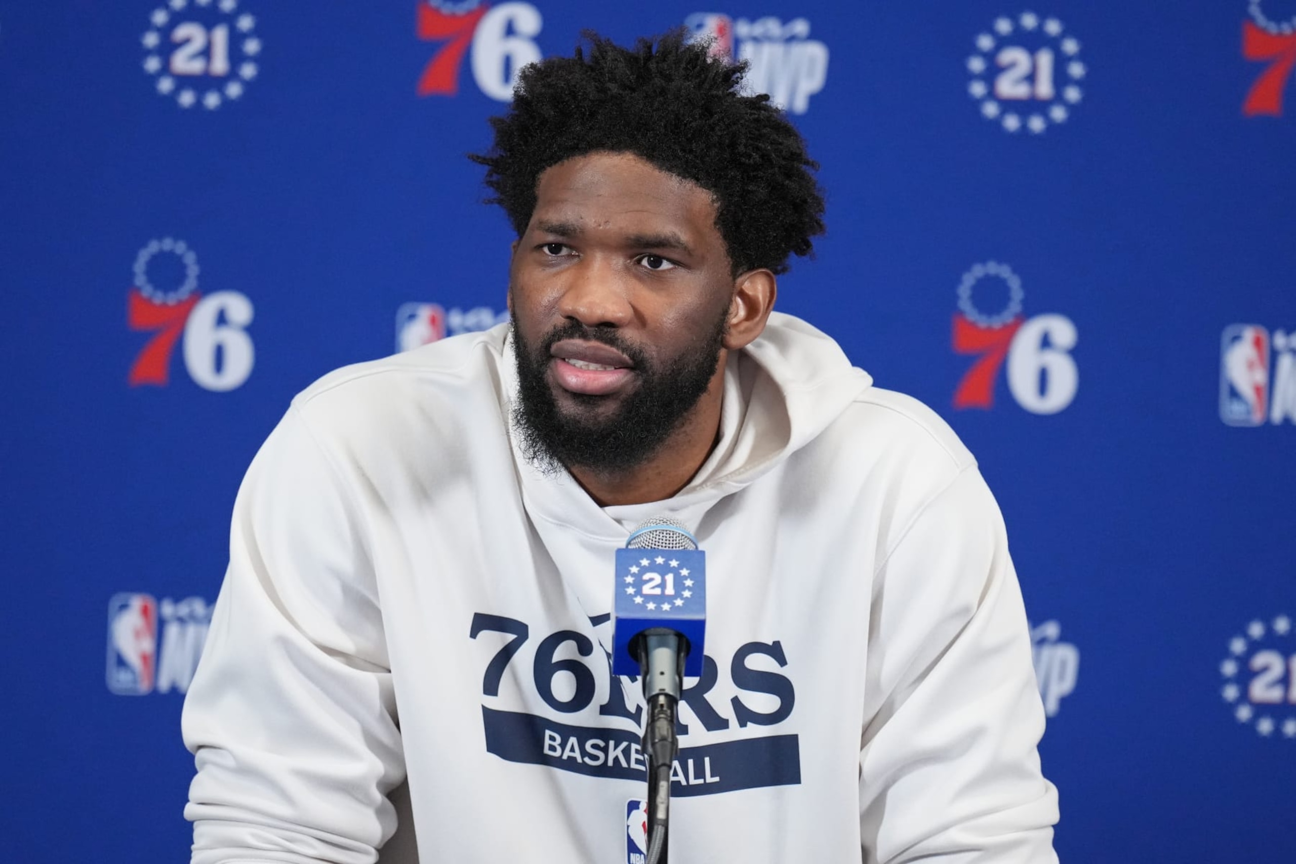 BOSTON, MA - MAY 2: Joel Embiid #21 of the Philadelphia 76ers speaks to the media during a press conference after being award the KIA NBA Most Valuable Player Award on May 2, 2023 at the TD Garden in Boston, Massachusetts. NOTE TO USER: User expressly acknowledges and agrees that, by downloading and or using this photograph, User is consenting to the terms and conditions of the Getty Images License Agreement. Mandatory Copyright Notice: Copyright 2023 NBAE  (Photo by Jesse D. Garrabrant/NBAE via Getty Images)