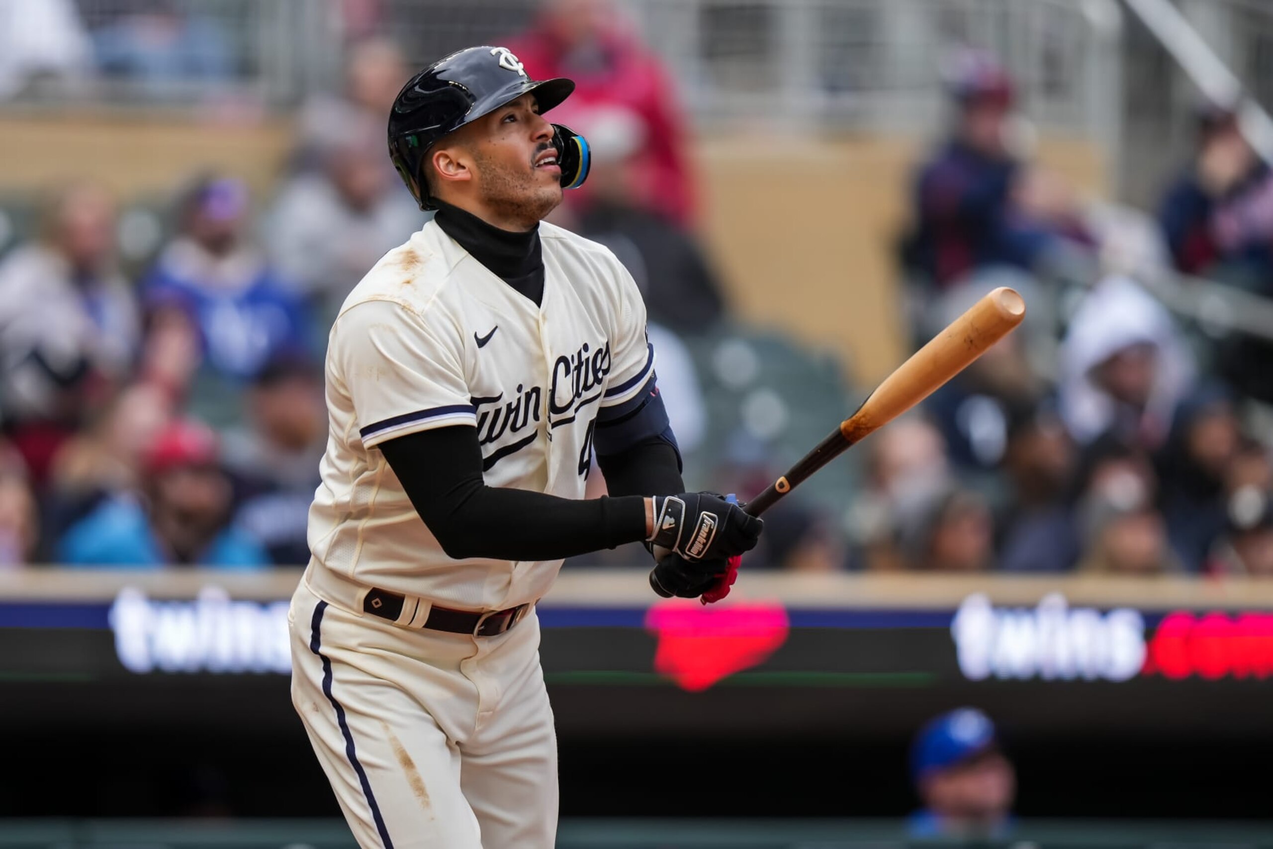 MINNEAPOLIS, MN - APRIL 30: Carlos Correa #4 of the Minnesota Twins bats against the Kansas City Royals on April 30, 2023 at Target Field in Minneapolis, Minnesota. (Photo by Brace Hemmelgarn/Minnesota Twins/Getty Images)