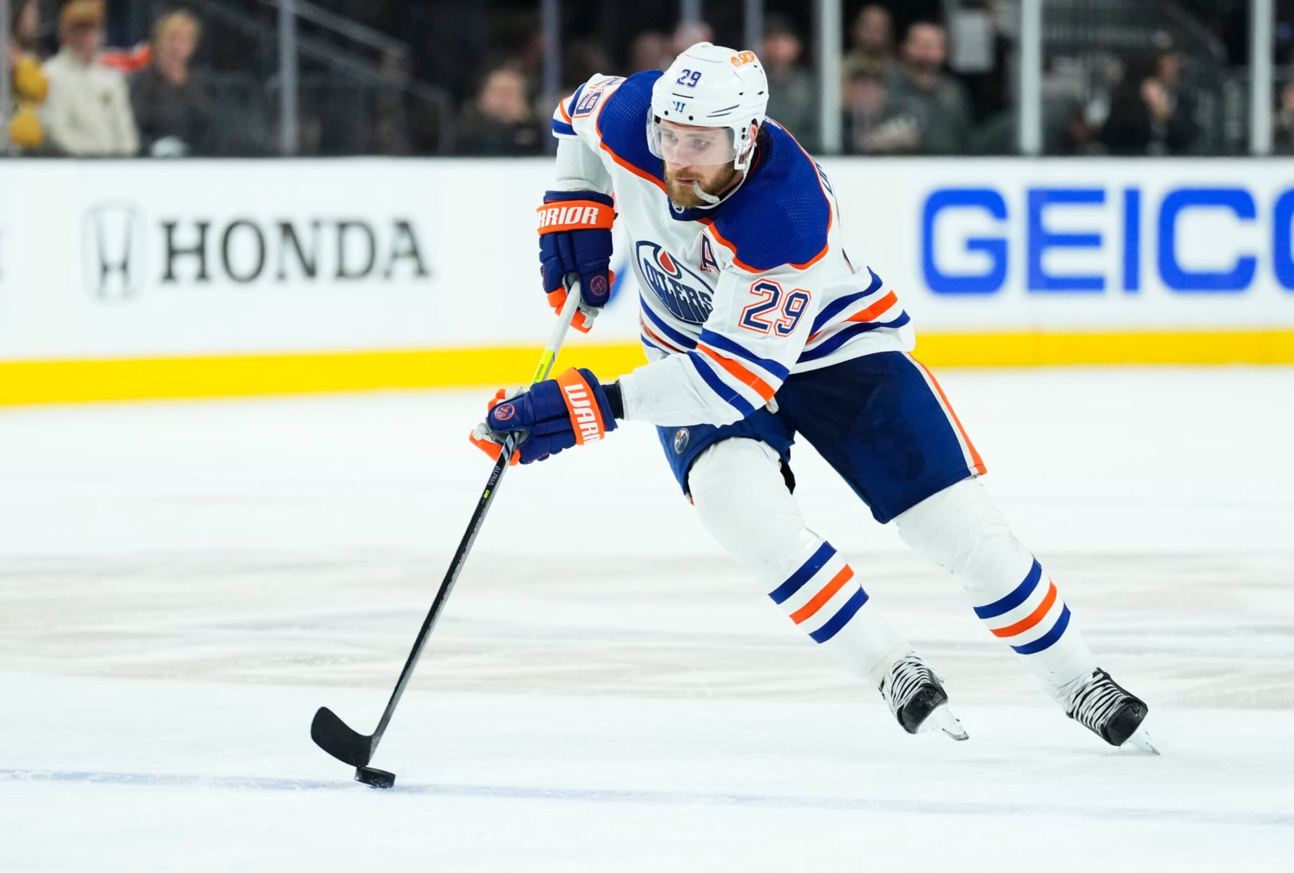 LAS VEGAS, NEVADA - MAY 03: Leon Draisaitl #29 of the Edmonton Oilers skates during the second period against the Vegas Golden Knights in Game One of the Second Round of the 2023 Stanley Cup Playoffs at T-Mobile Arena on May 03, 2023 in Las Vegas, Nevada. (Photo by Jeff Bottari/NHLI via Getty Images)