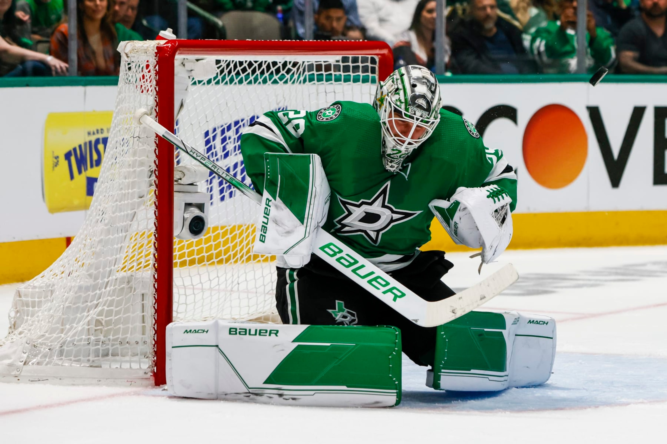 DALLAS, TX - MAY 02: Dallas Stars goaltender Jake Oettinger (29) blocks a shot during the game between the Dallas Stars and the Seattle Kraken on May 2, 2023 at American Airlines Center in Dallas, Texas. (Photo by Matthew Pearce/Icon Sportswire via Getty Images)