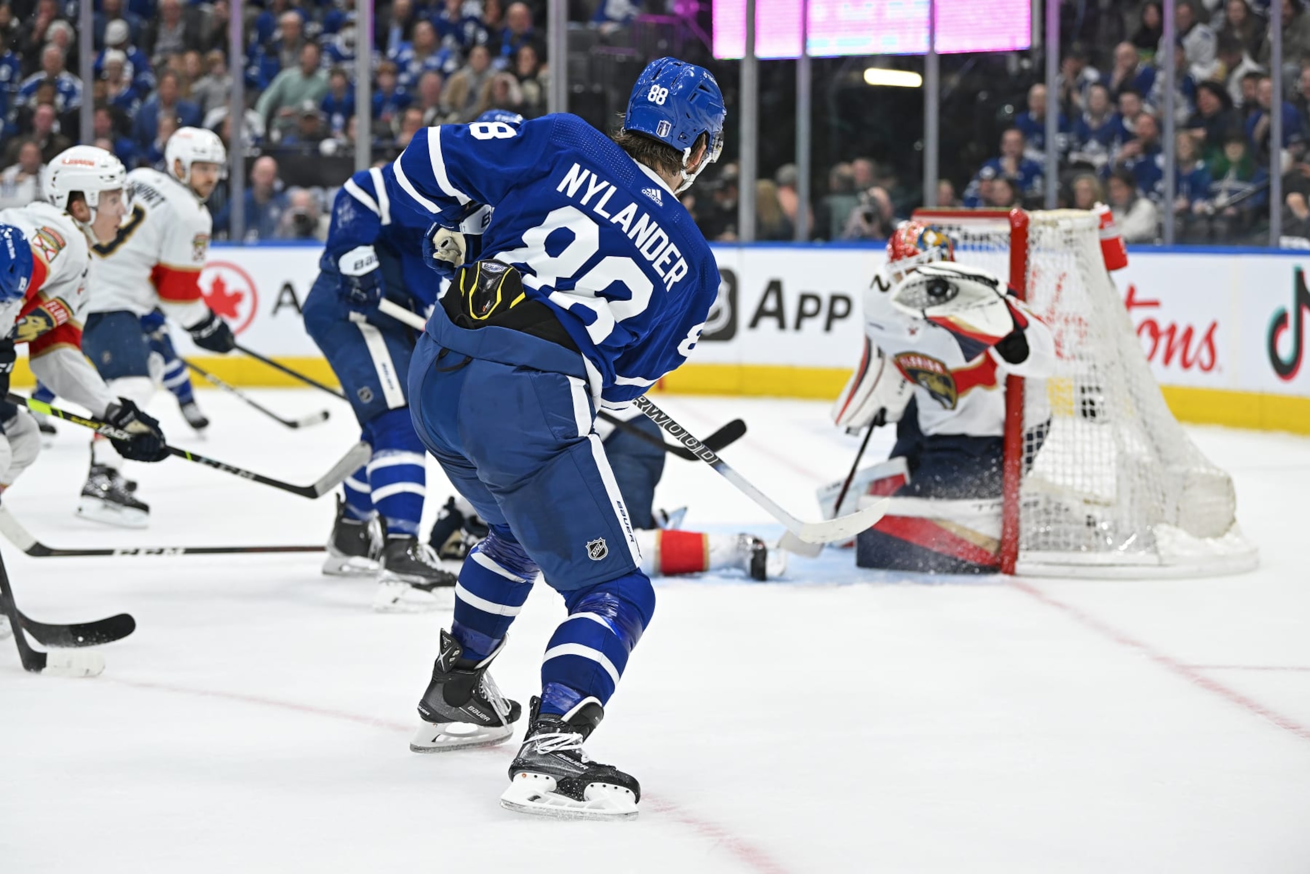 TORONTO, ON - MAY 02: Florida Panthers Goalie Sergei Bobrovsky (72) makes a glove save on a shot by Toronto Maple Leafs Right Wing William Nylander (88) during to Game 1 of the Eastern Conference Semi Final between the Florida Panthers and Toronto Maple Leafs on May 2, 2023 at Scotiabank Arena in Toronto, ON. (Photo by Gerry Angus/Icon Sportswire via Getty Images)