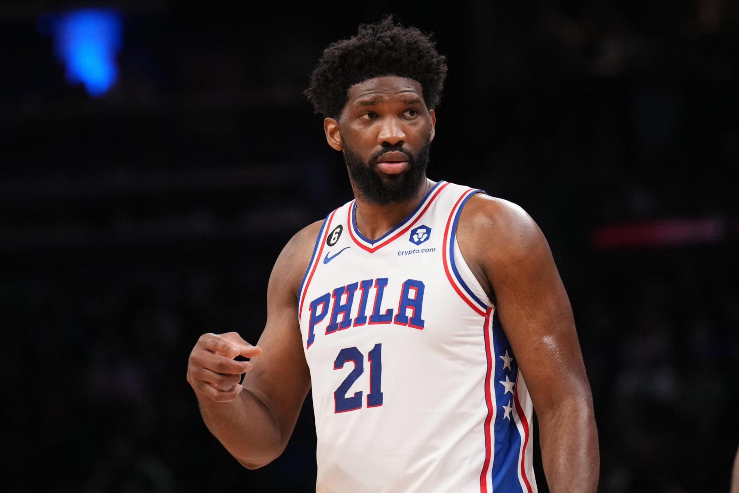 BOSTON, MA - MAY 3: Joel Embiid #21 of the Philadelphia 76ers looks on during Round 2 Game 2 of the Eastern Conference Semi-Finals 2023 NBA Playoffs on May 3, 2023 at the TD Garden in Boston, Massachusetts. NOTE TO USER: User expressly acknowledges and agrees that, by downloading and or using this photograph, User is consenting to the terms and conditions of the Getty Images License Agreement. Mandatory Copyright Notice: Copyright 2023 NBAE  (Photo by Jesse D. Garrabrant/NBAE via Getty Images)