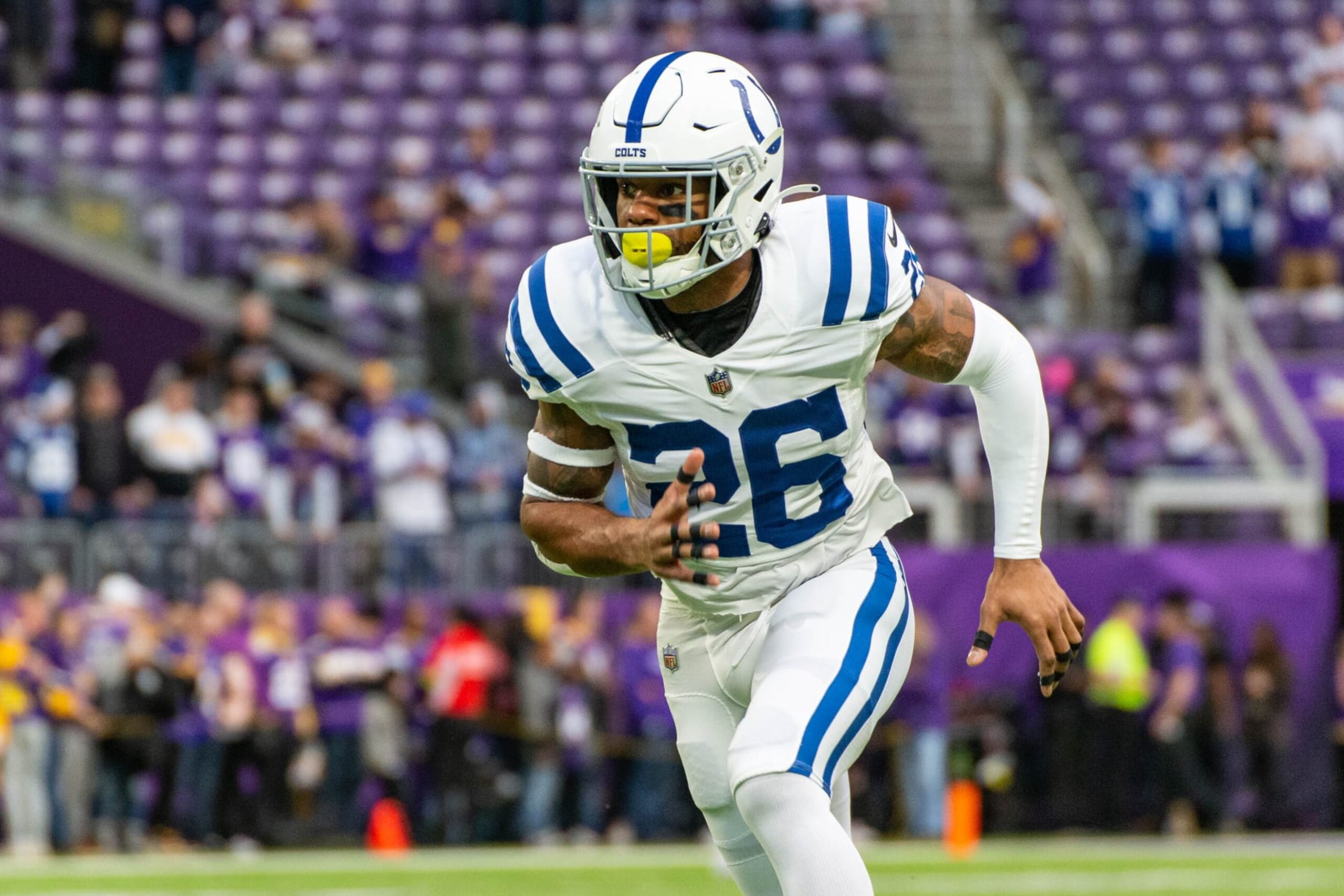 MINNEAPOLIS, MN - DECEMBER 17: Indianapolis Colts safety Rodney McLeod Jr. (26) warms up before the NFL game between the Indianapolis Colts and Minnesota Vikings on December 17th, 2022, at U.S. Bank Stadium in Minneapolis, MN. (Photo by Bailey Hillesheim/Icon Sportswire via Getty Images)