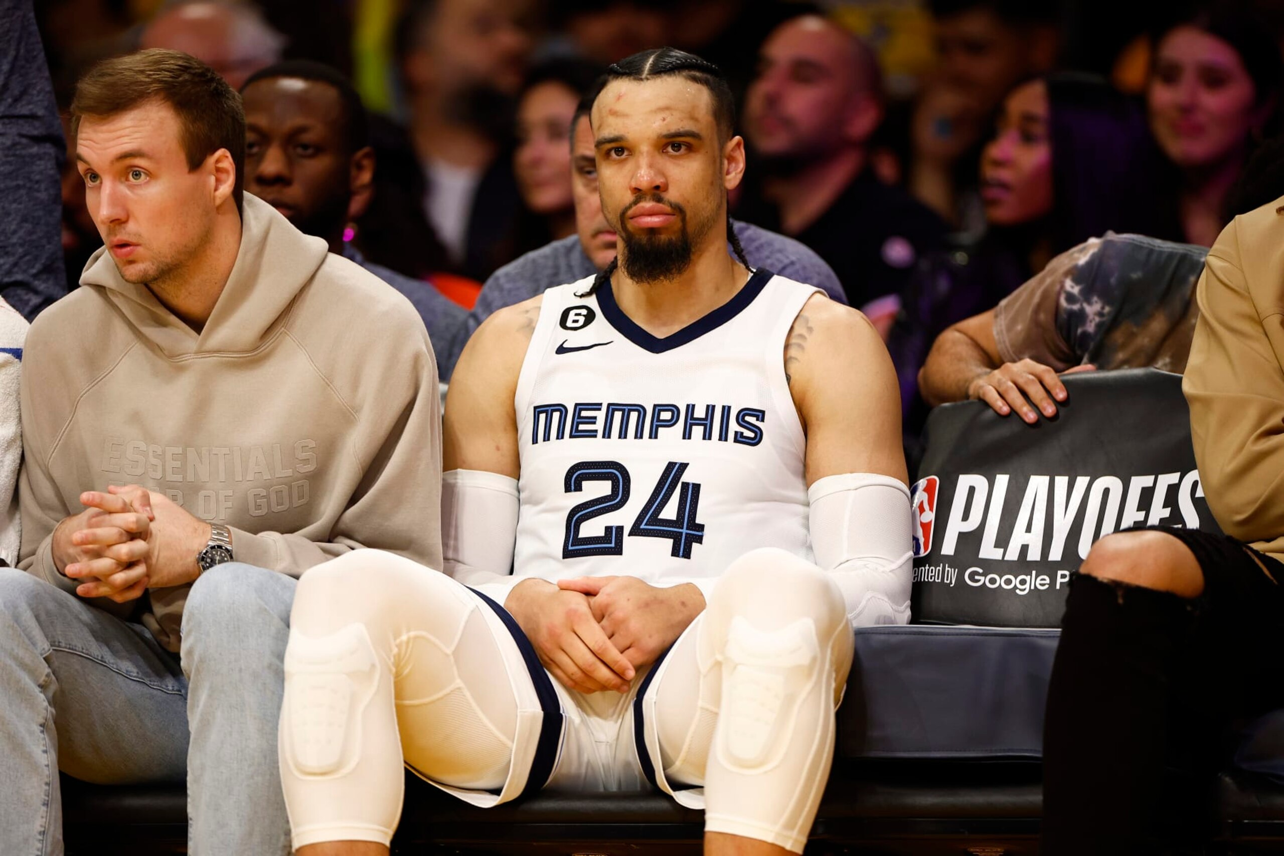 LOS ANGELES, CALIFORNIA - APRIL 28:  Dillon Brooks #24 of the Memphis Grizzlies sits on the bench against the Los Angeles Lakers in the second half in Game Six of the Western Conference First Round Playoffs at Crypto.com Arena on April 28, 2023 in Los Angeles, California.  NOTE TO USER: User expressly acknowledges and agrees that, by downloading and/or using this photograph, user is consenting to the terms and conditions of the Getty Images License Agreement. (Photo by Ronald Martinez/Getty Images)