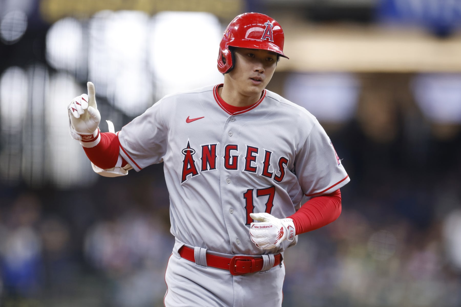 MILWAUKEE, WI - APRIL 30: Los Angeles Angels designated hitter Shohei Ohtani (17) rounds the bases after hitting a solo home run in the third inning of an MLB game against the Milwaukee Brewers on April 30, 2023 at American Family Field in Milwaukee, Wisconsin. (Photo by Joe Robbins/Icon Sportswire via Getty Images)