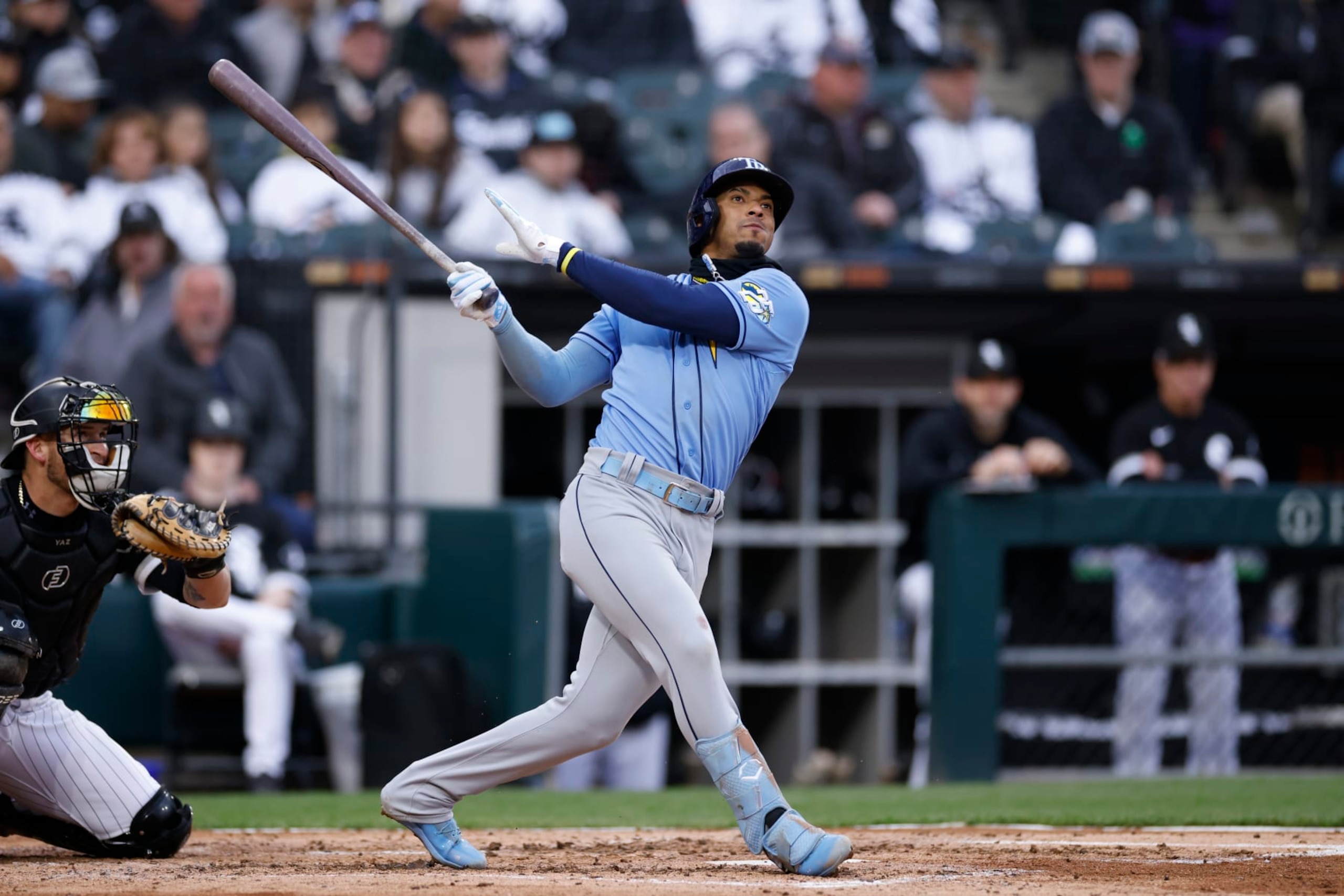 CHICAGO, IL - APRIL 29: Tampa Bay Rays shortstop Wander Franco (5) bats during an MLB game against the Chicago White Sox on April 29, 2023 at Guaranteed Rate Field in Chicago, Illinois. (Photo by Joe Robbins/Icon Sportswire via Getty Images) CHICAGO, IL - APRIL 29: Tampa Bay Rays shortstop Wander Franco (5) bats during an MLB game against the Chicago White Sox on April 29, 2023 at Guaranteed Rate Field in Chicago, Illinois. (Photo by Joe Robbins/Icon Sportswire via Getty Images)