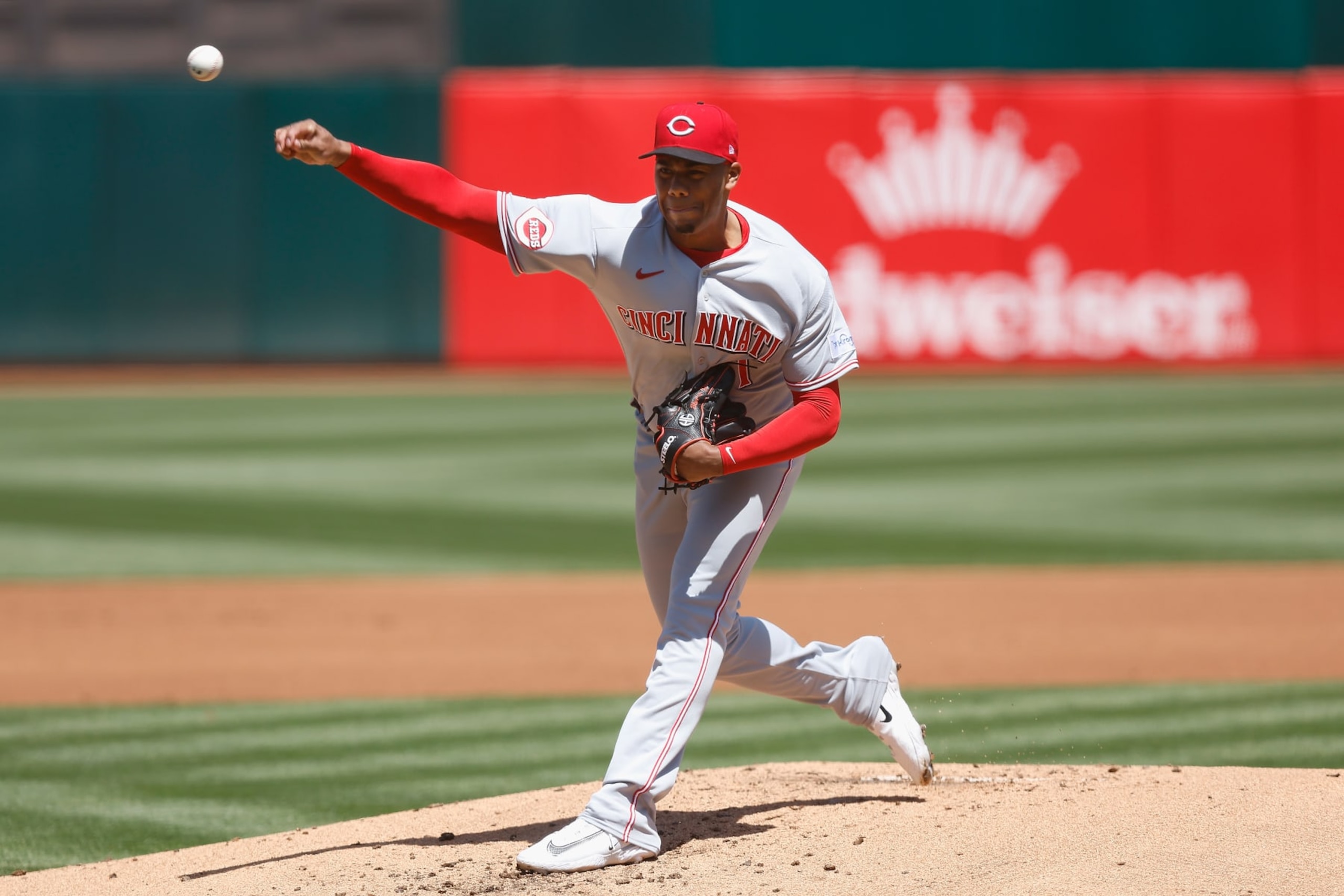 OAKLAND, CALIFORNIA - APRIL 29: Hunter Greene #21 of the Cincinnati Reds pitches in the bottom of the first inning against the Oakland Athletics at RingCentral Coliseum on April 29, 2023 in Oakland, California. (Photo by Lachlan Cunningham/Getty Images) OAKLAND, CALIFORNIA - APRIL 29: Hunter Greene #21 of the Cincinnati Reds pitches in the bottom of the first inning against the Oakland Athletics at RingCentral Coliseum on April 29, 2023 in Oakland, California. (Photo by Lachlan Cunningham/Getty Images)