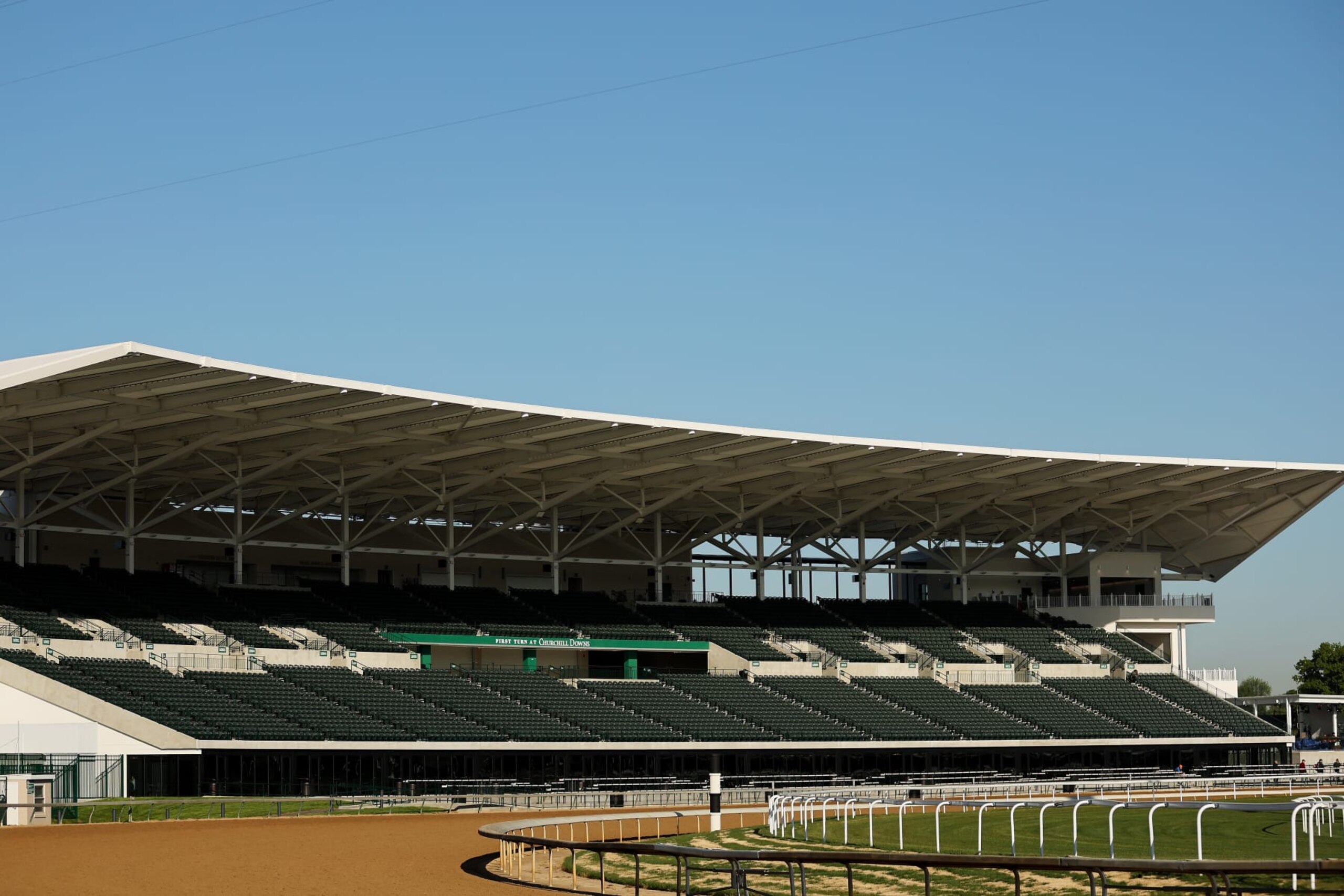 LOUISVILLE, KENTUCKY - MAY 04: A general view of the new First Turn grandstand ahead of the 149th running of the Kentucky Derby at Churchill Downs on May 04, 2023 in Louisville, Kentucky. (Photo by Michael Reaves/Getty Images)