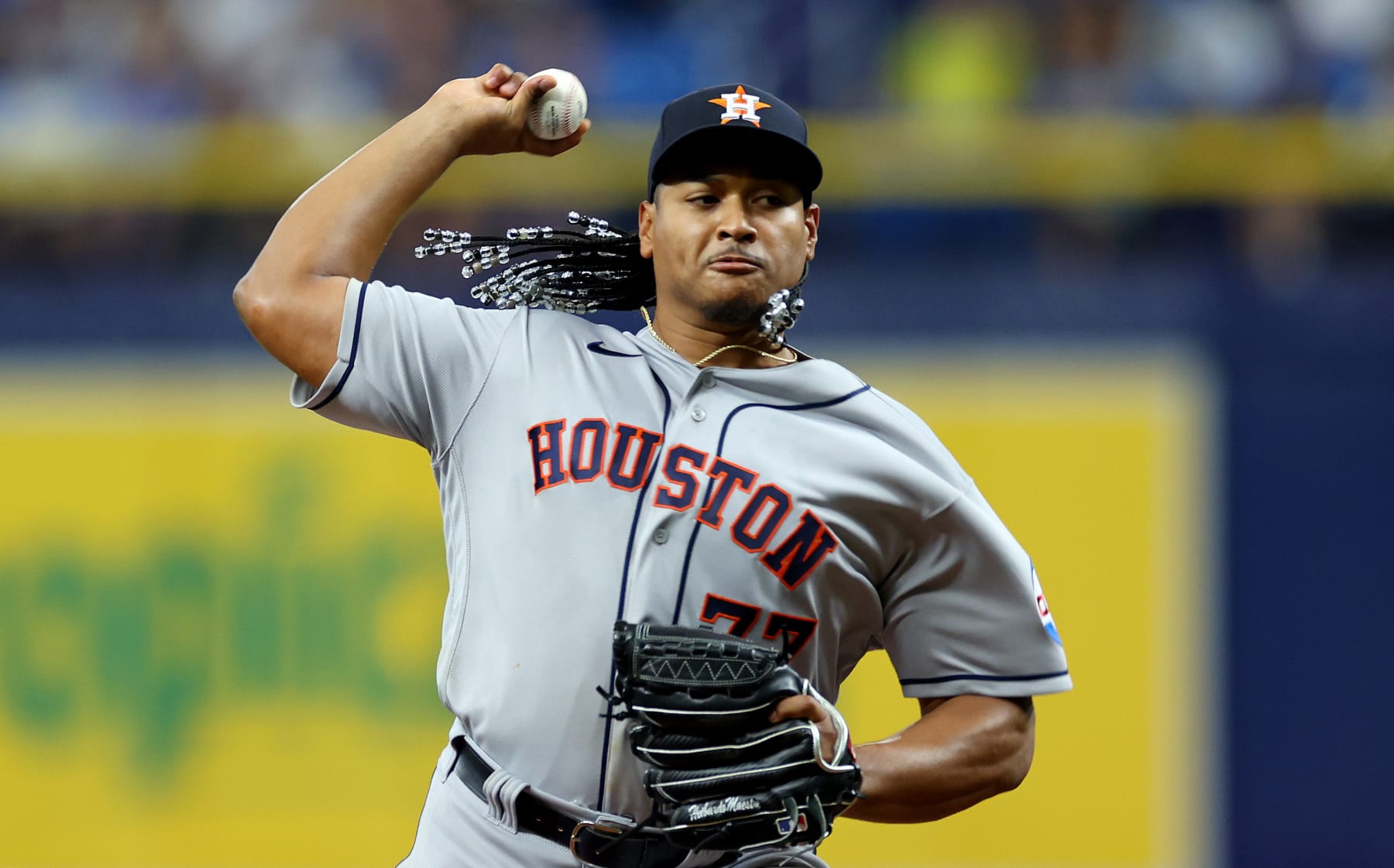 ST PETERSBURG, FLORIDA - APRIL 25: Luis Garcia #77 of the Houston Astros pitches during a game against the Tampa Bay Rays at Tropicana Field on April 25, 2023 in St Petersburg, Florida. (Photo by Mike Ehrmann/Getty Images)