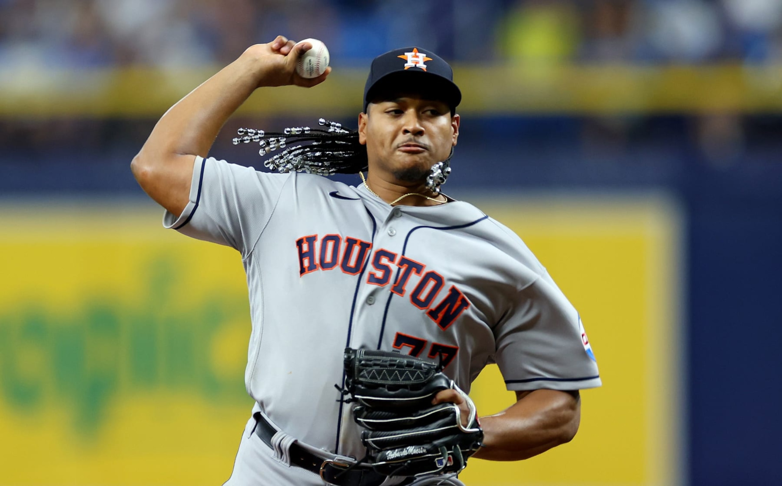 ST PETERSBURG, FLORIDA - APRIL 25: Luis Garcia #77 of the Houston Astros pitches during a game against the Tampa Bay Rays at Tropicana Field on April 25, 2023 in St Petersburg, Florida. (Photo by Mike Ehrmann/Getty Images) ST PETERSBURG, FLORIDA - APRIL 25: Luis Garcia #77 of the Houston Astros pitches during a game against the Tampa Bay Rays at Tropicana Field on April 25, 2023 in St Petersburg, Florida. (Photo by Mike Ehrmann/Getty Images)
