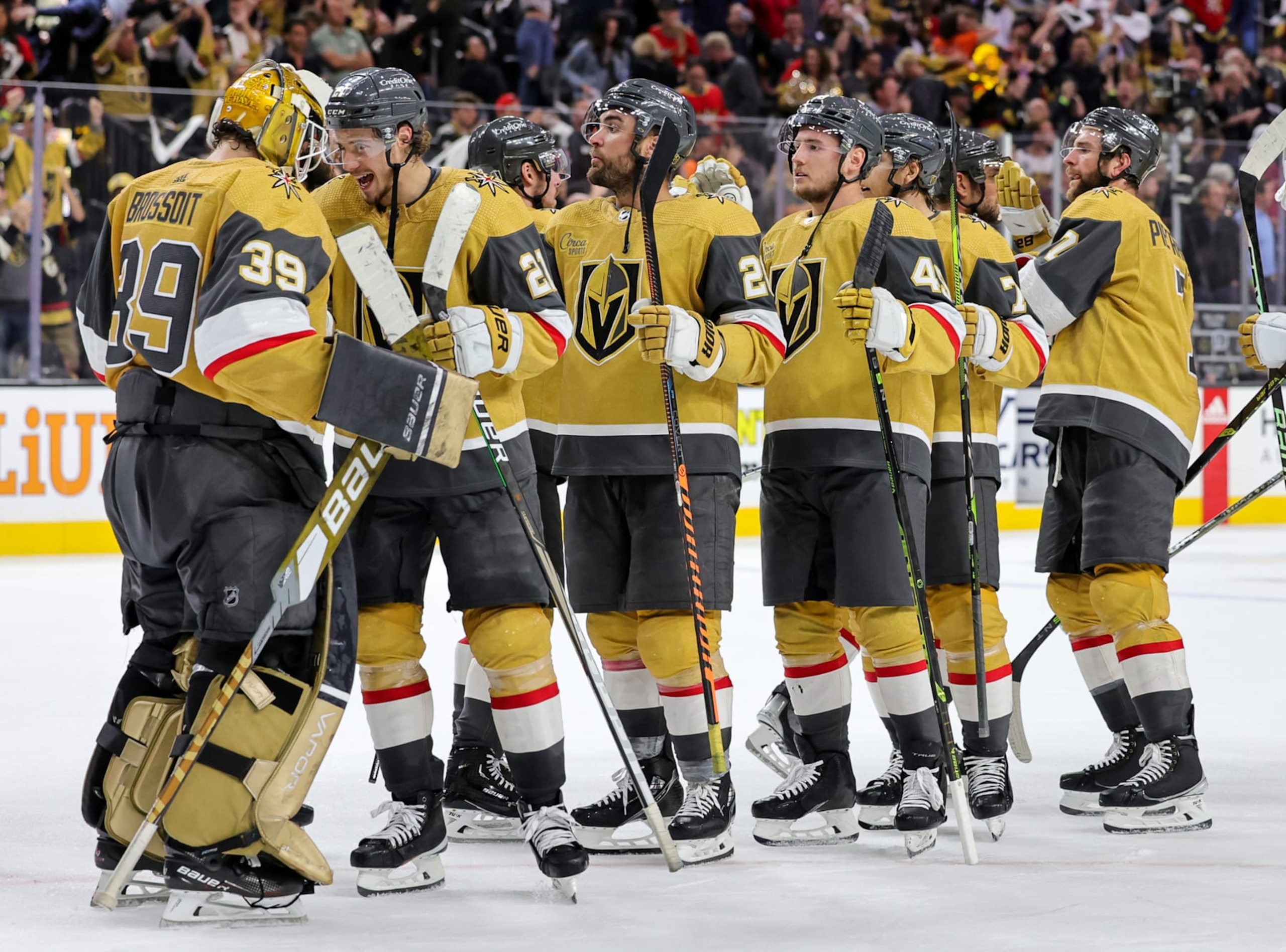 LAS VEGAS, NEVADA - MAY 03:  Laurent Brossoit #39 of the Vegas Golden Knights celebrates with teammates on the ice after the team's 6-4 victory over the Edmonton Oilers in Game One of the Second Round of the 2023 Stanley Cup Playoffs at T-Mobile Arena on May 03, 2023 in Las Vegas, Nevada. (Photo by Ethan Miller/Getty Images)