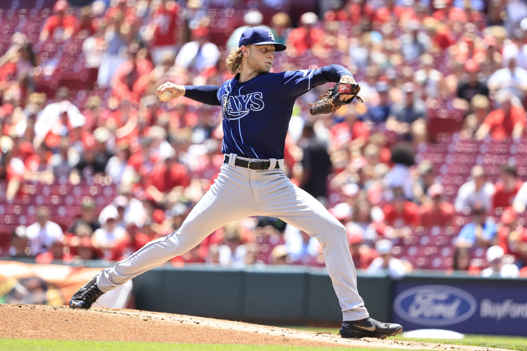 CINCINNATI, OHIO - JULY 10: Shane Baz #11 of the Tampa Bay Rays throws a pitch during the first inning in the game against the Cincinnati Reds at Great American Ball Park on July 10, 2022 in Cincinnati, Ohio. (Photo by Justin Casterline/Getty Images)