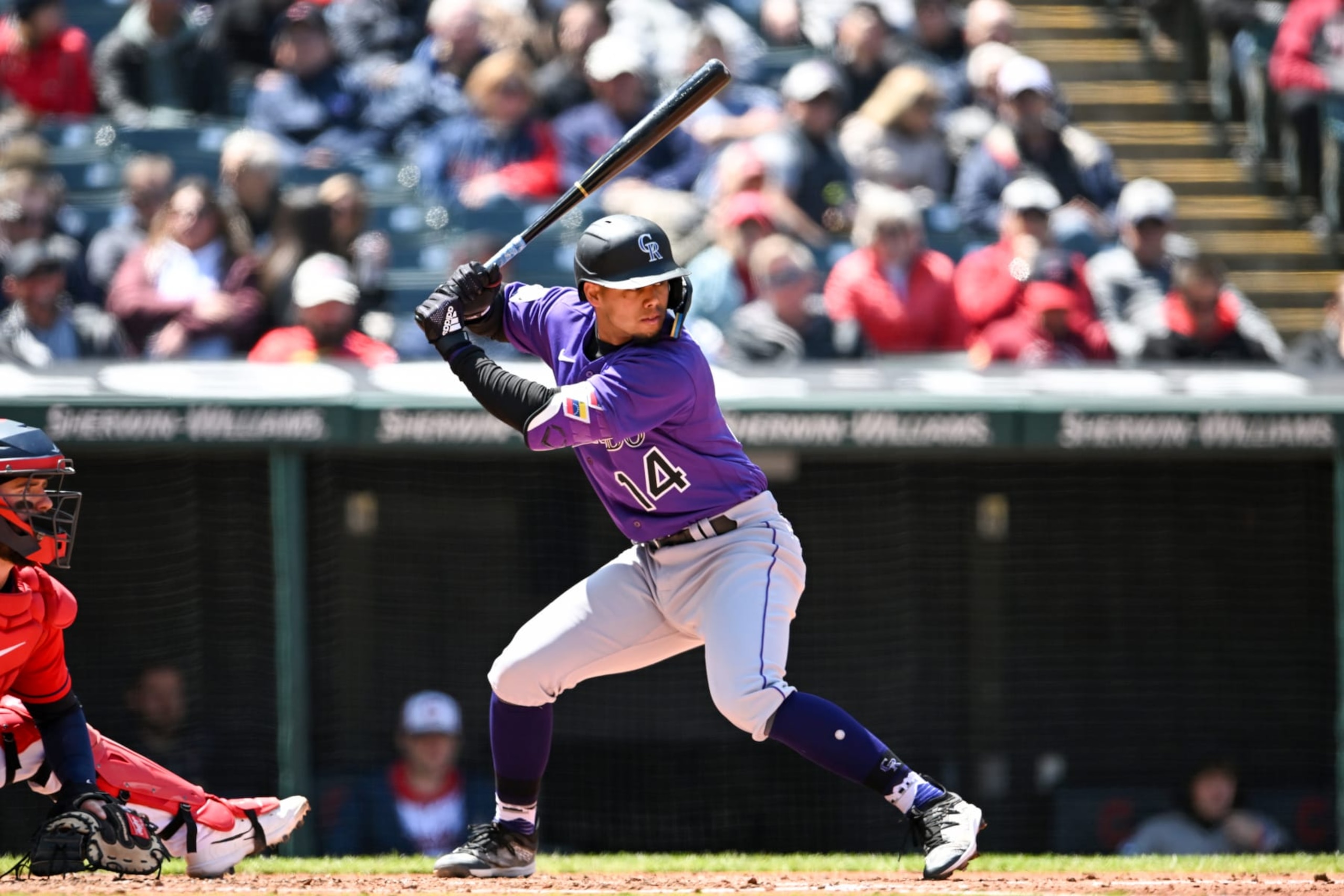CLEVELAND, OHIO - APRIL 26: Ezequiel Tovar #14 of the Colorado Rockies bats during third inning against the Cleveland Guardians at Progressive Field on April 26, 2023 in Cleveland, Ohio. (Photo by Nick Cammett/Diamond Images via Getty Images) CLEVELAND, OHIO - APRIL 26: Ezequiel Tovar #14 of the Colorado Rockies bats during third inning against the Cleveland Guardians at Progressive Field on April 26, 2023 in Cleveland, Ohio. (Photo by Nick Cammett/Diamond Images via Getty Images)