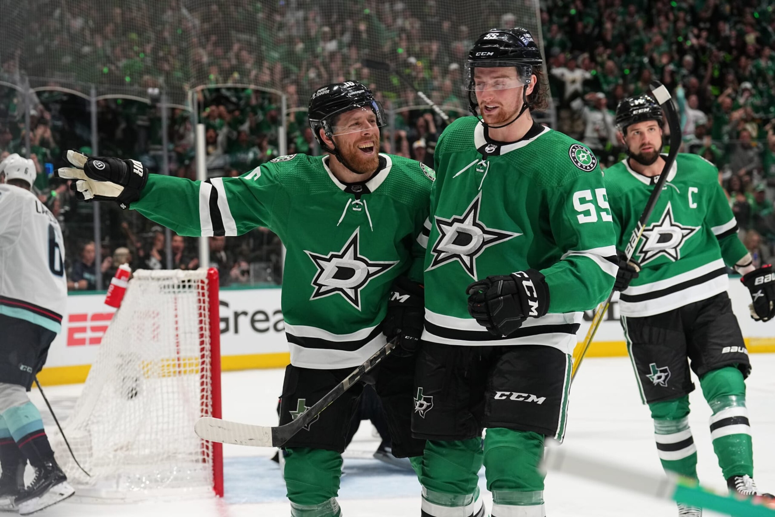 DALLAS, TX  MAY 2: Joe Pavelski #16 and Thomas Harley #55 of the Dallas Stars celebrate a goal against the Seattle Kraken in Game One of the Second Round of the 2023 Stanley Cup Playoffs at American Airlines Center on May 2, 2023, in Dallas, Texas (Photo by Glenn James/NHLI via Getty Images)