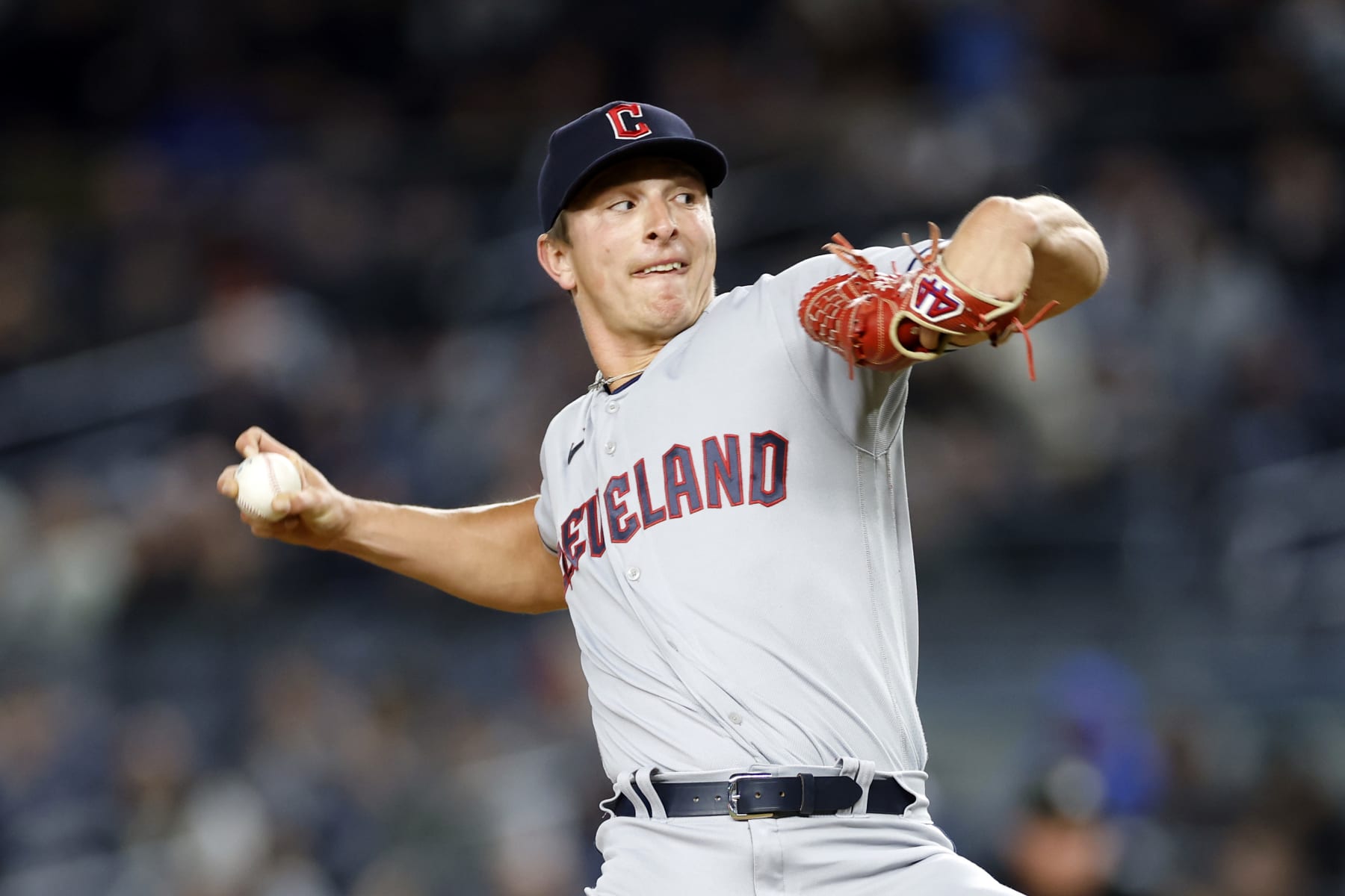 NEW YORK, NEW YORK - MAY 02: James Karinchak #99 of the Cleveland Guardians pitches during the sixth inning against the New York Yankees at Yankee Stadium on May 02, 2023 in the Bronx borough of New York City. (Photo by Sarah Stier/Getty Images)