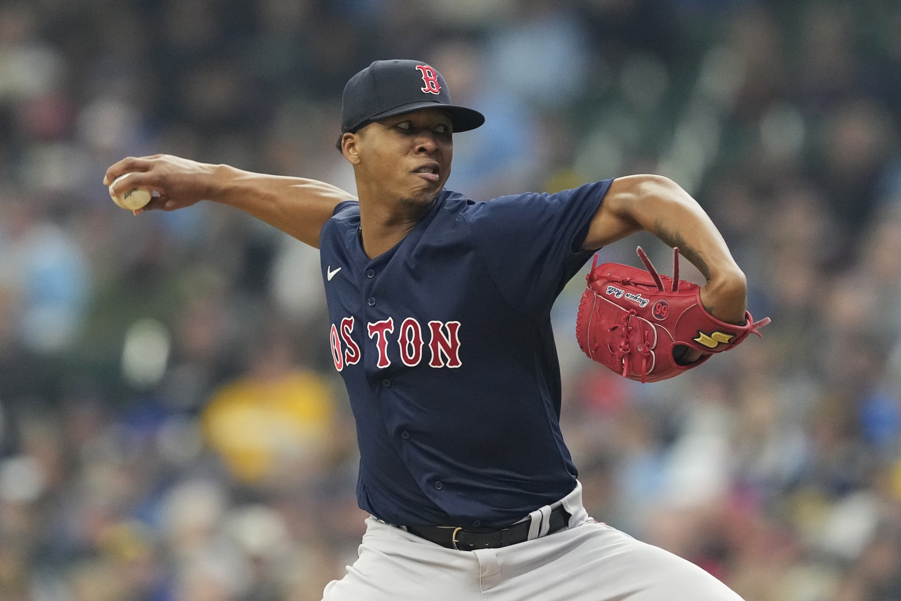 MILWAUKEE, WISCONSIN - APRIL 23: Brayan Bello #66 of the Boston Red Sox pitches against the Milwaukee Brewers in the first inning at American Family Field on April 23, 2023 in Milwaukee, Wisconsin. (Photo by Patrick McDermott/Getty Images)