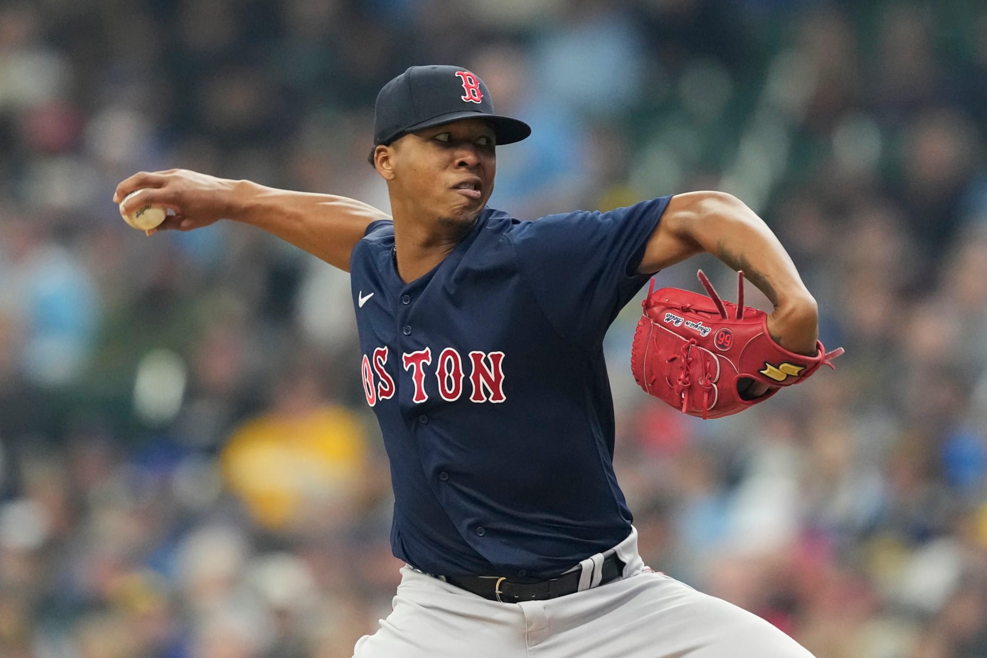 MILWAUKEE, WISCONSIN - APRIL 23: Brayan Bello #66 of the Boston Red Sox pitches against the Milwaukee Brewers in the first inning at American Family Field on April 23, 2023 in Milwaukee, Wisconsin. (Photo by Patrick McDermott/Getty Images)