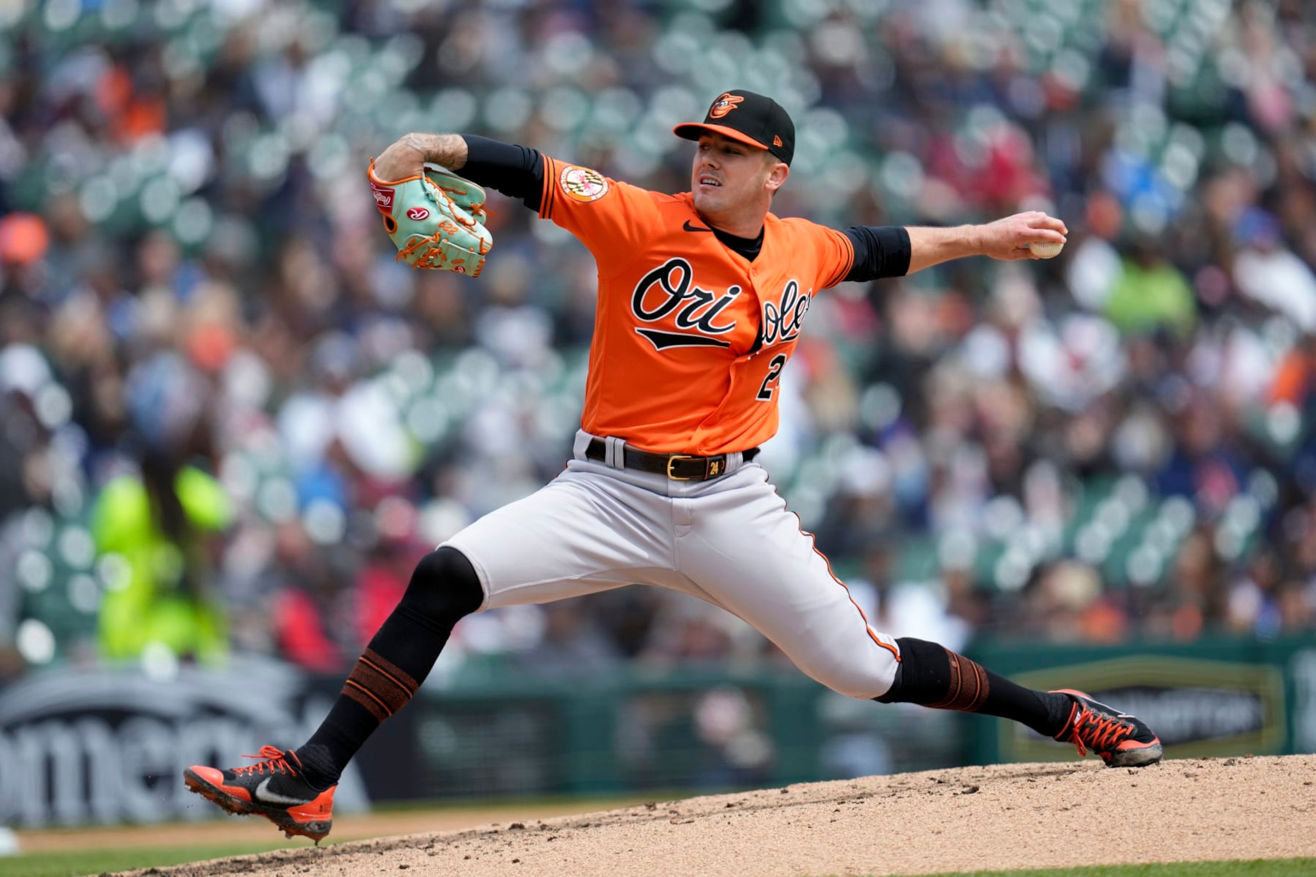 Baltimore Orioles pitcher DL Hall throws against the Detroit Tigers in the sixth inning during the first baseball game of a doubleheader, Saturday, April 29, 2023, in Detroit. (AP Photo/Paul Sancya) Baltimore Orioles pitcher DL Hall throws against the Detroit Tigers in the sixth inning during the first baseball game of a doubleheader, Saturday, April 29, 2023, in Detroit. (AP Photo/Paul Sancya)