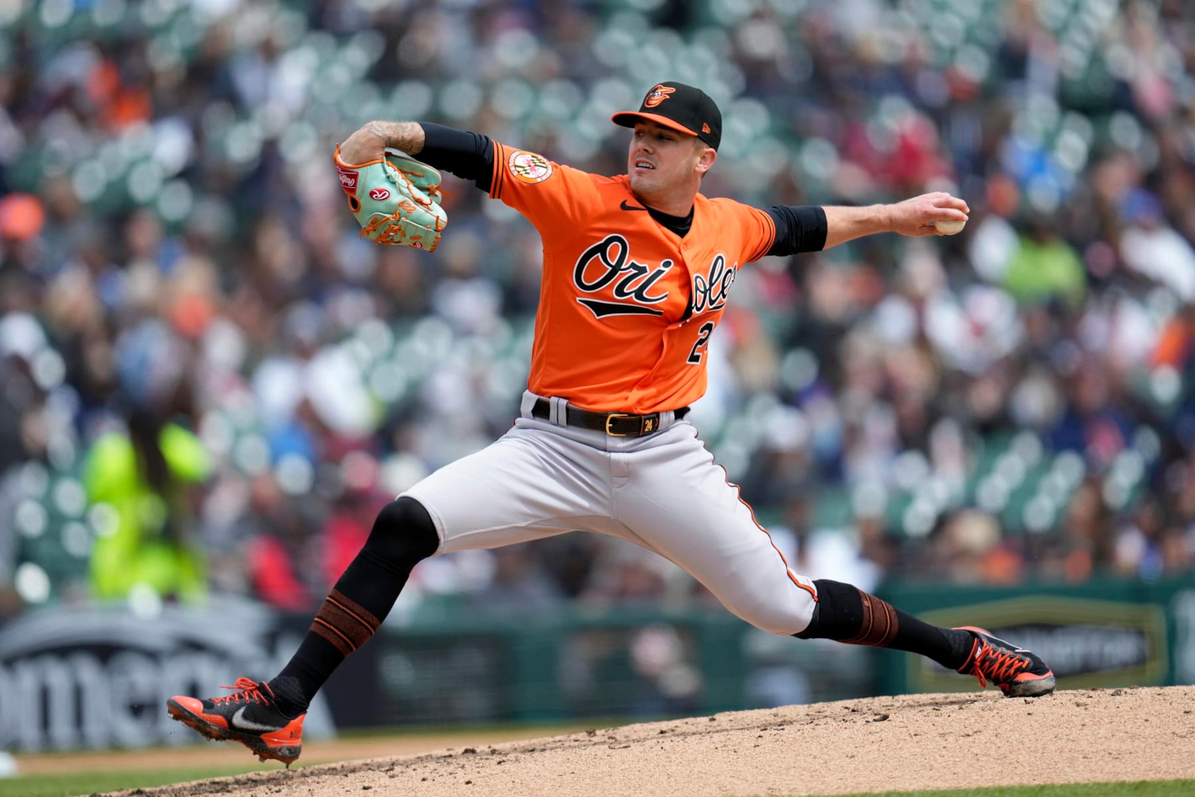 Baltimore Orioles pitcher DL Hall throws against the Detroit Tigers in the sixth inning during the first baseball game of a doubleheader, Saturday, April 29, 2023, in Detroit. (AP Photo/Paul Sancya)