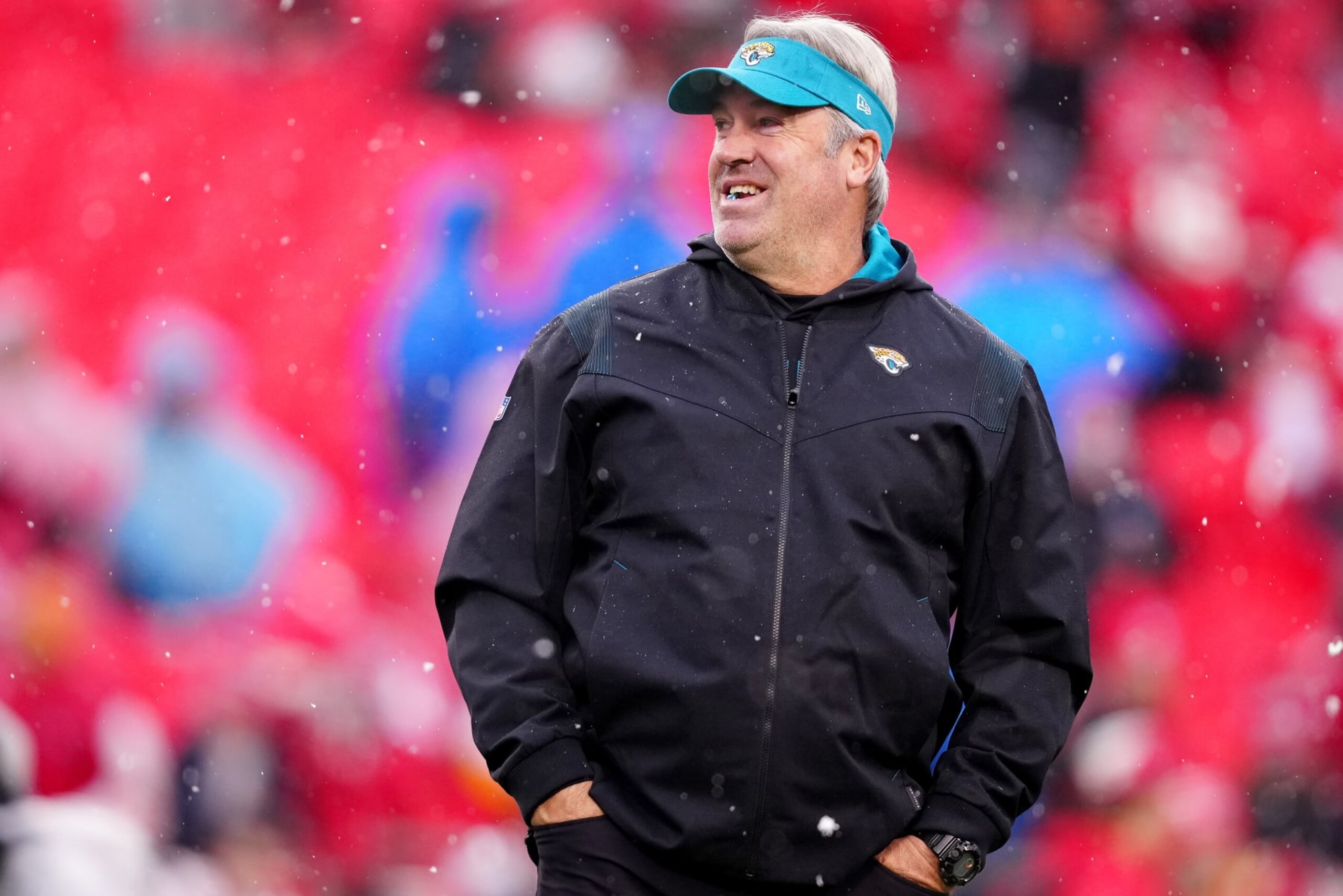KANSAS CITY, MISSOURI - JANUARY 21: Head coach Doug Pederson of the Jacksonville Jaguars looks on prior to the AFC Divisional Playoff game against the Kansas City Chiefs at Arrowhead Stadium on January 21, 2023 in Kansas City, Missouri. (Photo by Jason Hanna/Getty Images)