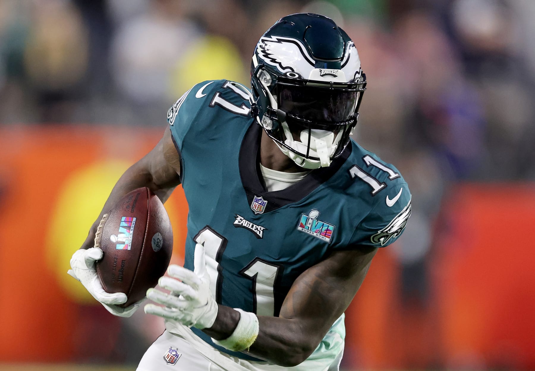 GLENDALE, ARIZONA - FEBRUARY 12: A.J. Brown #11 of the Philadelphia Eagles carries the ball against the Kansas City Chiefs during the second half in Super Bowl LVII at State Farm Stadium on February 12, 2023 in Glendale, Arizona. (Photo by Gregory Shamus/Getty Images)