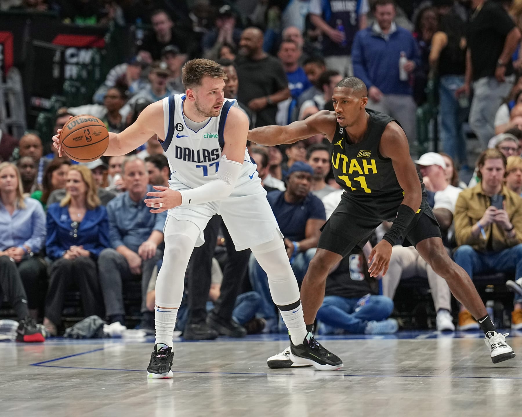 DALLAS, TX - MARCH 7:  Luka Doncic #77 of the Dallas Mavericks handles the ball during the game  on March 7, 2023 at the American Airlines Center in Dallas, Texas. NOTE TO USER: User expressly acknowledges and agrees that, by downloading and or using this photograph, User is consenting to the terms and conditions of the Getty Images License Agreement. Mandatory Copyright Notice: Copyright 2023 NBAE (Photo by Glenn James/NBAE via Getty Images)