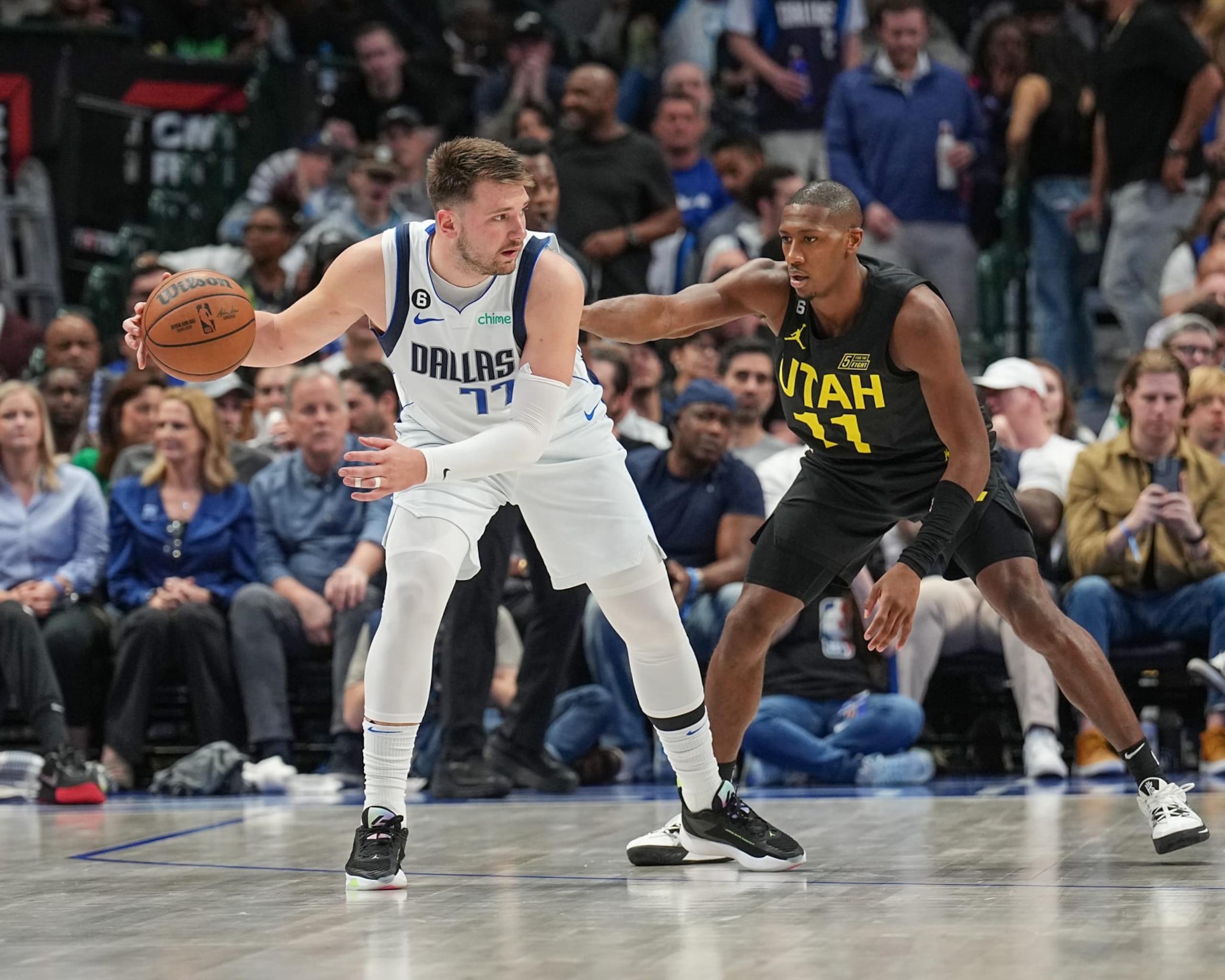DALLAS, TX - MARCH 7:  Luka Doncic #77 of the Dallas Mavericks handles the ball during the game  on March 7, 2023 at the American Airlines Center in Dallas, Texas. NOTE TO USER: User expressly acknowledges and agrees that, by downloading and or using this photograph, User is consenting to the terms and conditions of the Getty Images License Agreement. Mandatory Copyright Notice: Copyright 2023 NBAE (Photo by Glenn James/NBAE via Getty Images)