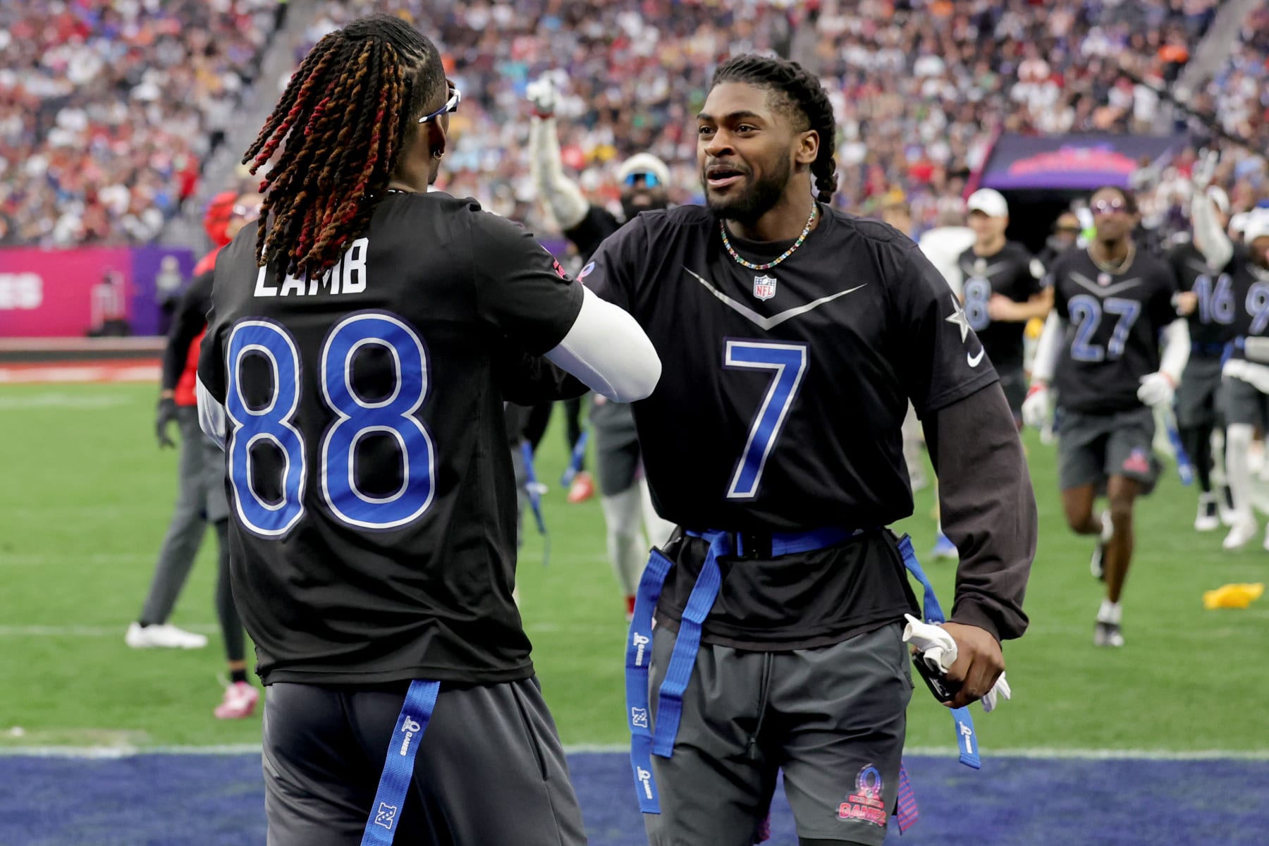 LAS VEGAS, NEVADA - FEBRUARY 05: CeeDee Lamb #88 and Trevon Diggs #7 of the Dallas Cowboys and NFC celebrate after a touchdown against the AFC during the 2023 NFL Pro Bowl Games at Allegiant Stadium on February 05, 2023 in Las Vegas, Nevada. (Photo by Ethan Miller/Getty Images)
