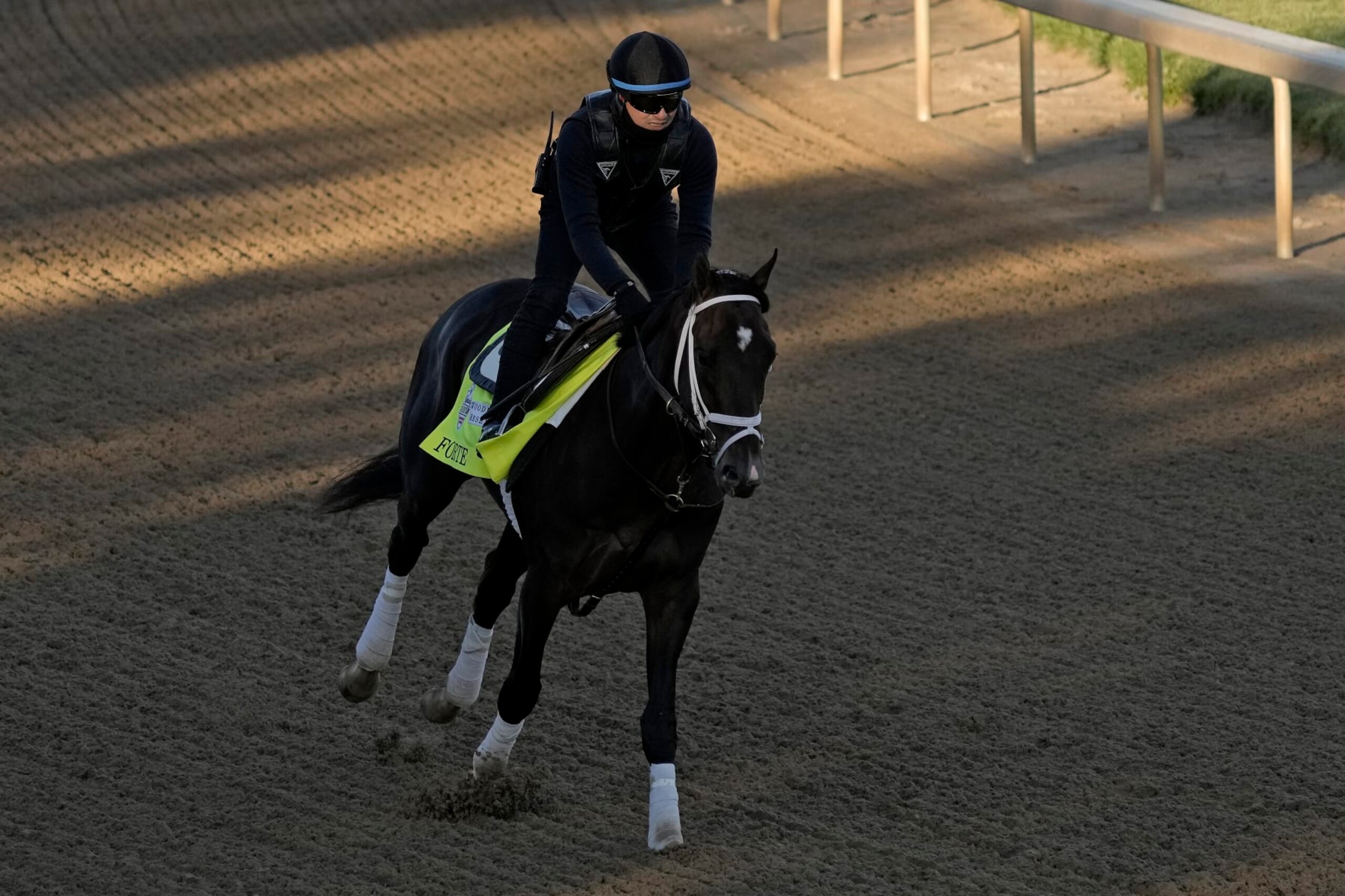Kentucky Derby hopeful Forte works out at Churchill Downs Wednesday, May 3, 2023, in Louisville, Ky. The 149th running of the Kentucky Derby is scheduled for Saturday, May 6. (AP Photo/Charlie Riedel)