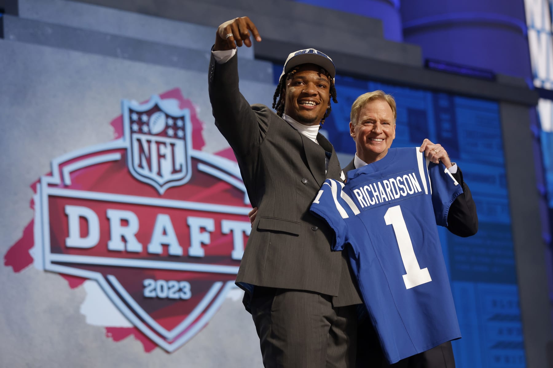 KANSAS CITY, MISSOURI - APRIL 27: (L-R) Anthony Richardson poses with NFL Commissioner Roger Goodell after being selected fourth overall by the Indianapolis Colts during the first round of the 2023 NFL Draft at Union Station on April 27, 2023 in Kansas City, Missouri. (Photo by David Eulitt/Getty Images)