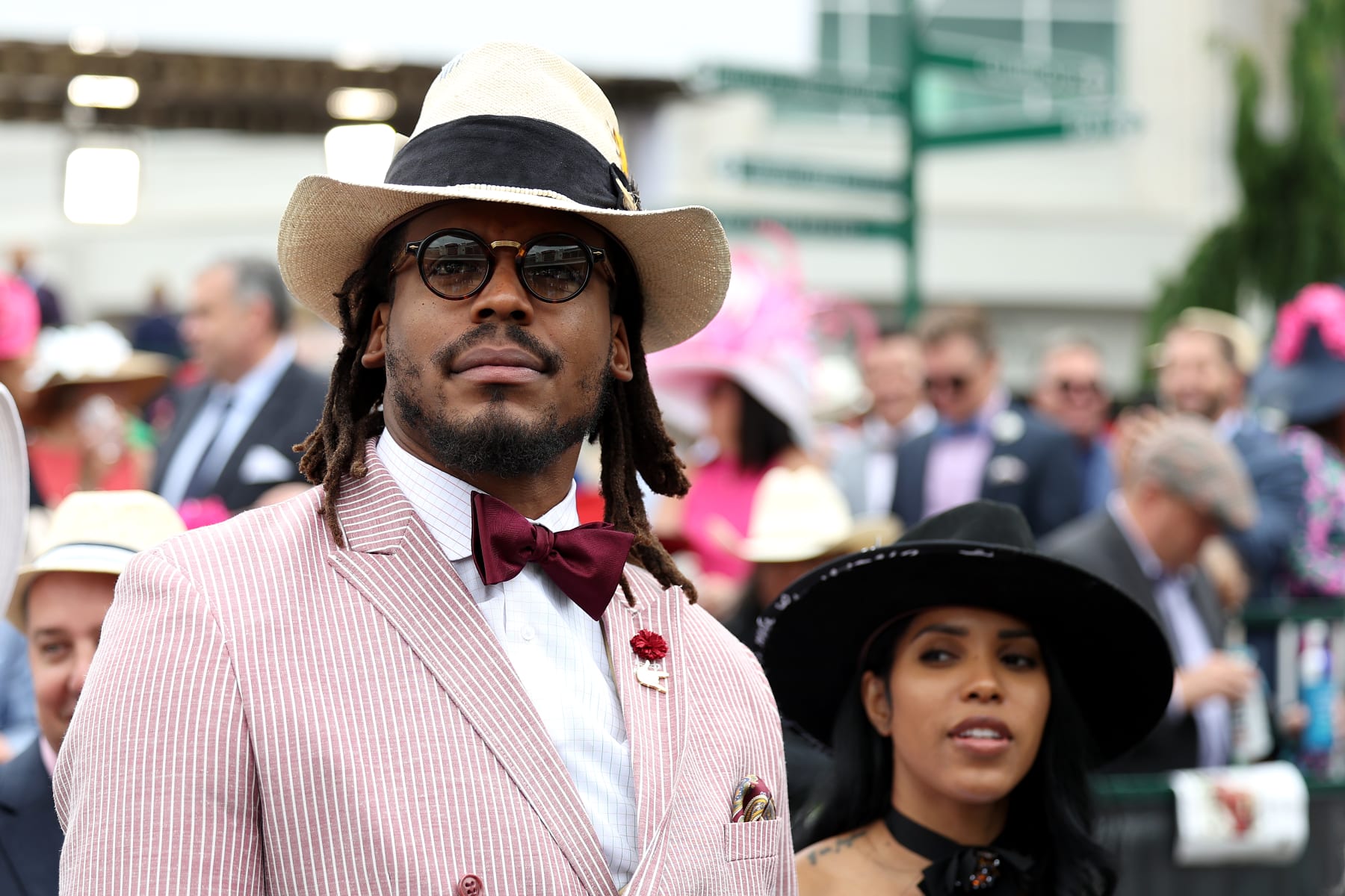 LOUISVILLE, KENTUCKY - MAY 07: NFL player Cam Newton watches an undercard race before the running of the 148th Kentucky Derby at Churchill Downs on May 07, 2022 in Louisville, Kentucky. (Photo by Gunnar Word/Getty Images)