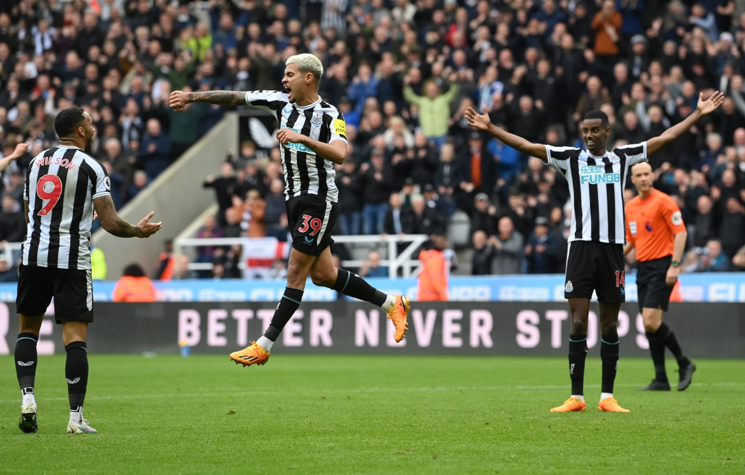 NEWCASTLE UPON TYNE, ENGLAND - APRIL 30: Bruno Guimaraes of Newcastle United celebrates the team's second goal, an own goal by Theo Walcott of Southampton (not pictured) during the Premier League match between Newcastle United and Southampton FC at St. James Park on April 30, 2023 in Newcastle upon Tyne, England. (Photo by Stu Forster/Getty Images)