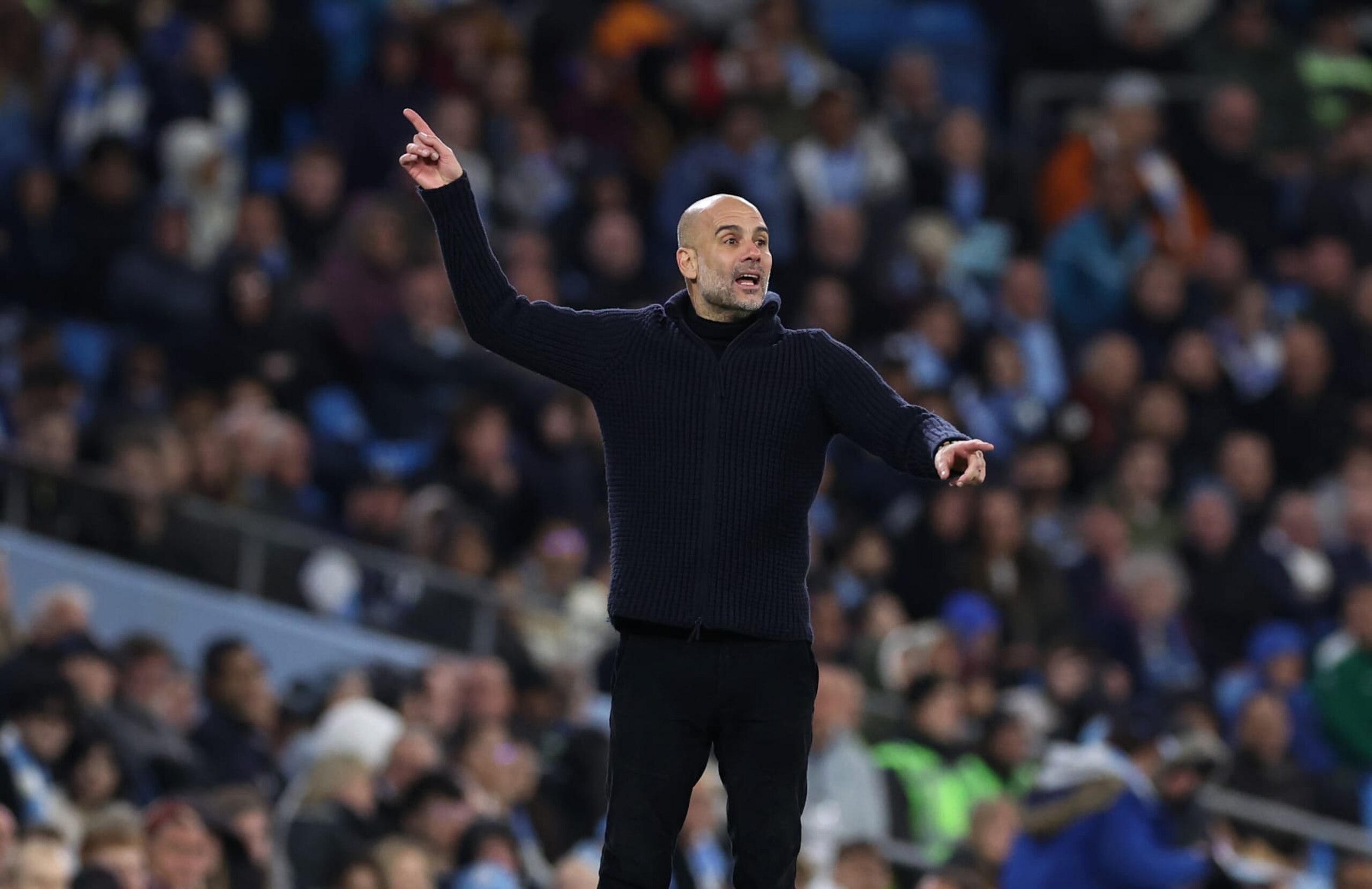 MANCHESTER, ENGLAND - MAY 03: Pep Guardiola the manager of Manchester City reacts during the Premier League match between Manchester City and West Ham United at Etihad Stadium on May 03, 2023 in Manchester, England. (Photo by Alex Livesey - Danehouse/Getty Images)