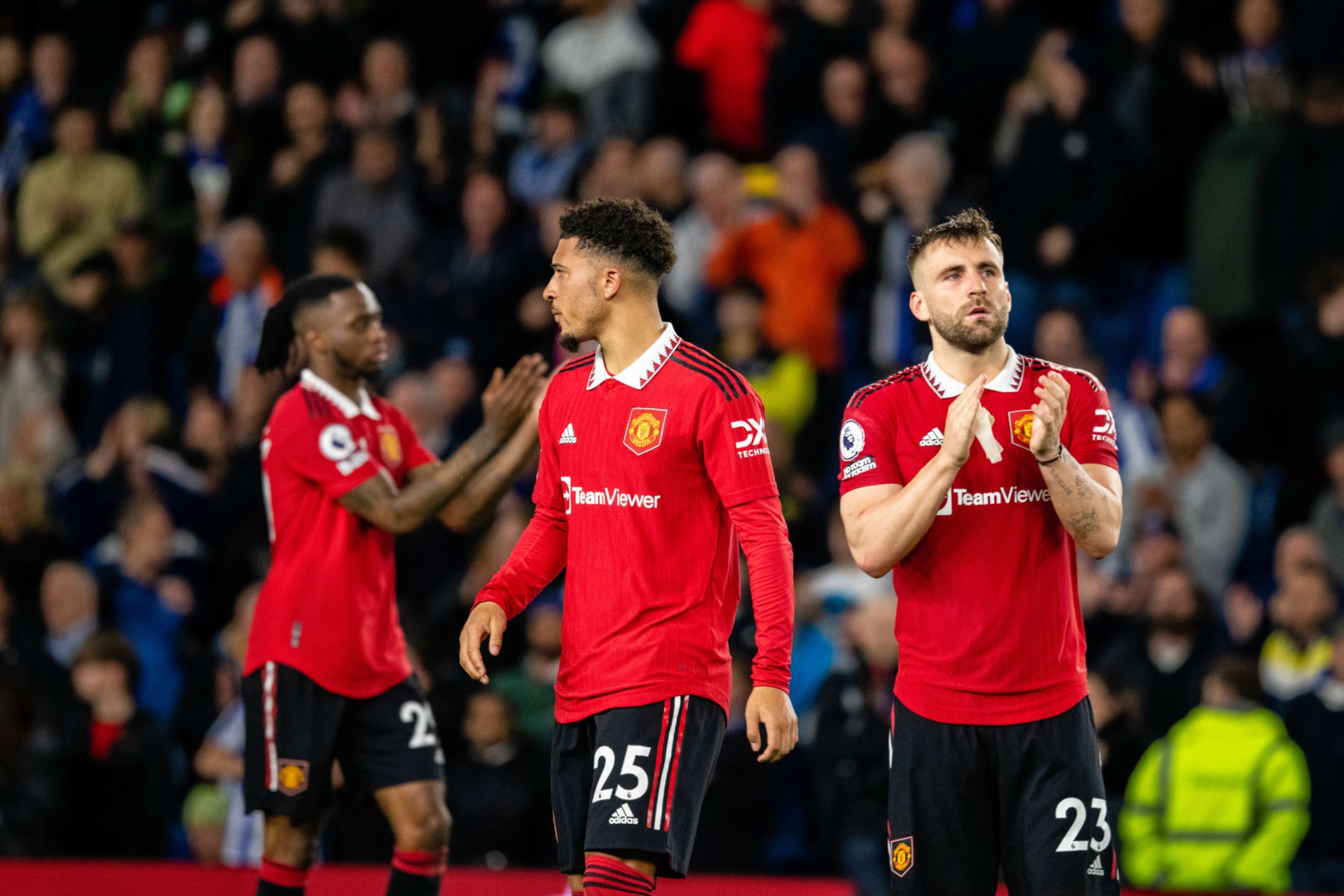 BRIGHTON, ENGLAND - MAY 04:   Luke Shaw of Manchester United applauds the fans at the end of the Premier League match between Brighton & Hove Albion and Manchester United at American Express Community Stadium on May 4, 2023 in Brighton, United Kingdom. (Photo by Ash Donelon/Manchester United via Getty Images)