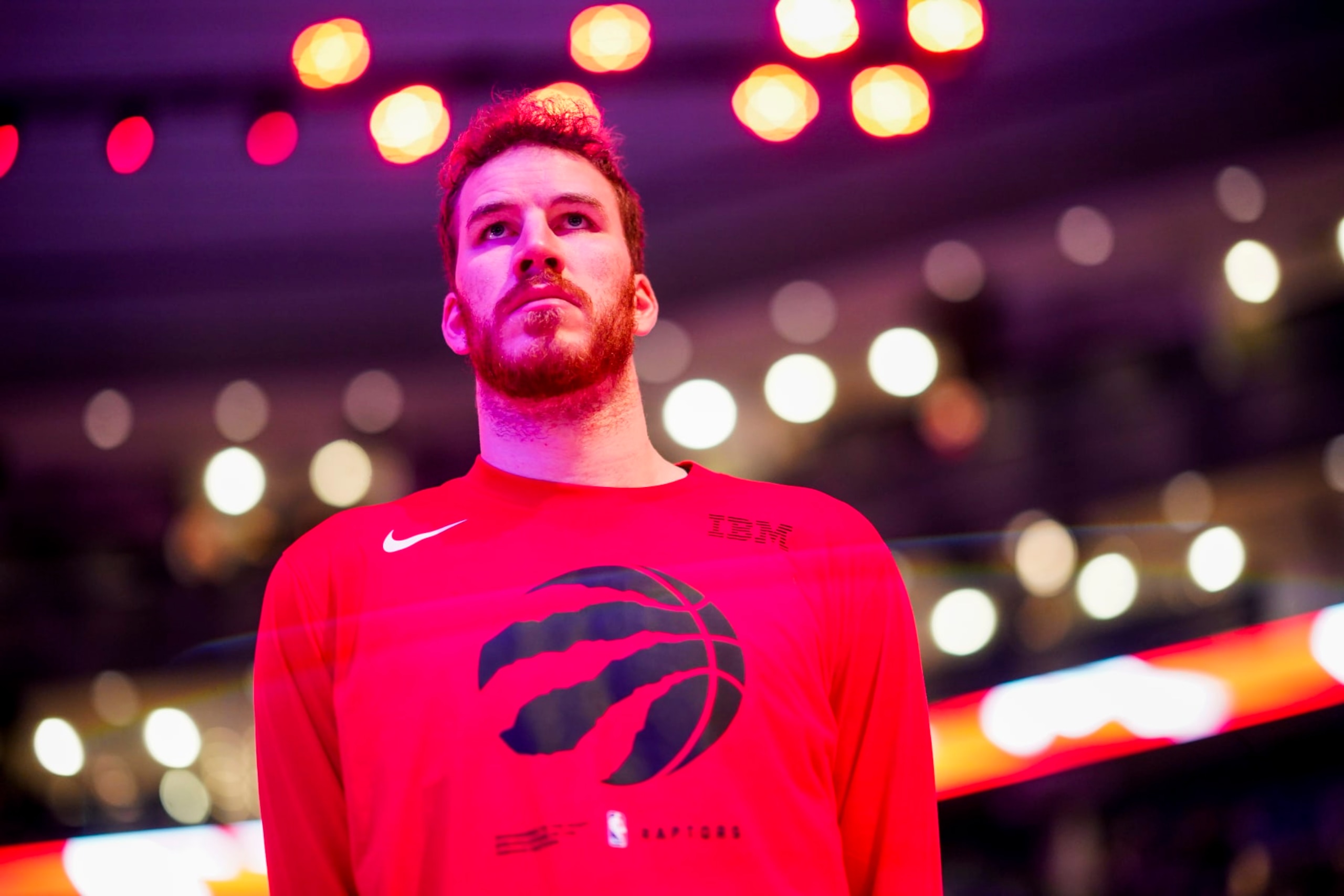 TORONTO, CANADA - APRIL 9: Jakob Poeltl #19 of the Toronto Raptors looks on during the National Anthem on April 9, 2023 at the Scotiabank Arena in Toronto, Ontario, Canada. NOTE TO USER: User expressly acknowledges and agrees that, by downloading and or using this Photograph, user is consenting to the terms and conditions of the Getty Images License Agreement. Mandatory Copyright Notice: Copyright 2023 NBAE (Photo by Mark Blinch/NBAE via Getty Images) TORONTO, CANADA - APRIL 9: Jakob Poeltl #19 of the Toronto Raptors looks on during the National Anthem on April 9, 2023 at the Scotiabank Arena in Toronto, Ontario, Canada. NOTE TO USER: User expressly acknowledges and agrees that, by downloading and or using this Photograph, user is consenting to the terms and conditions of the Getty Images License Agreement. Mandatory Copyright Notice: Copyright 2023 NBAE (Photo by Mark Blinch/NBAE via Getty Images)