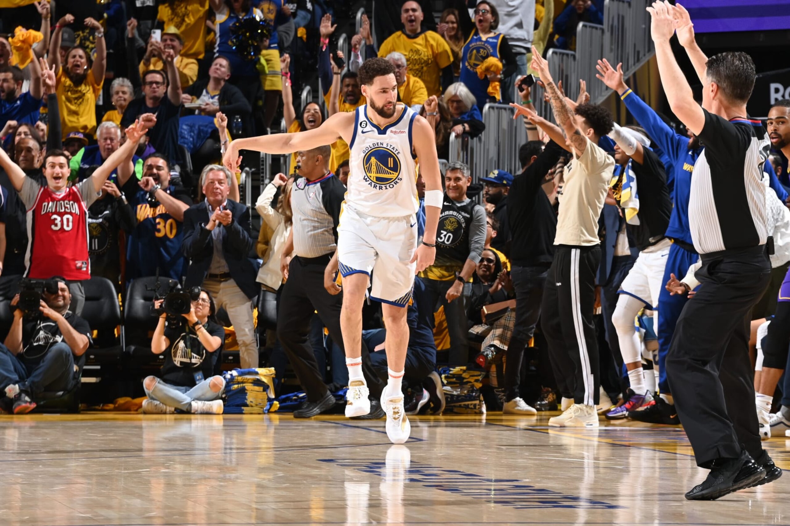 SAN FRANCISCO, CA - MAY 4: Klay Thompson #11 of the Golden State Warriors celebrates during the game against the Los Angeles Lakers during the Western Conference Semi Finals of the 2023 NBA Playoffs on May 4, 2023 at Chase Center in San Francisco, California. NOTE TO USER: User expressly acknowledges and agrees that, by downloading and/or using this Photograph, user is consenting to the terms and conditions of the Getty Images License Agreement. Mandatory Copyright Notice: Copyright 2023 NBAE (Photo by Andrew D. Bernstein/NBAE via Getty Images)