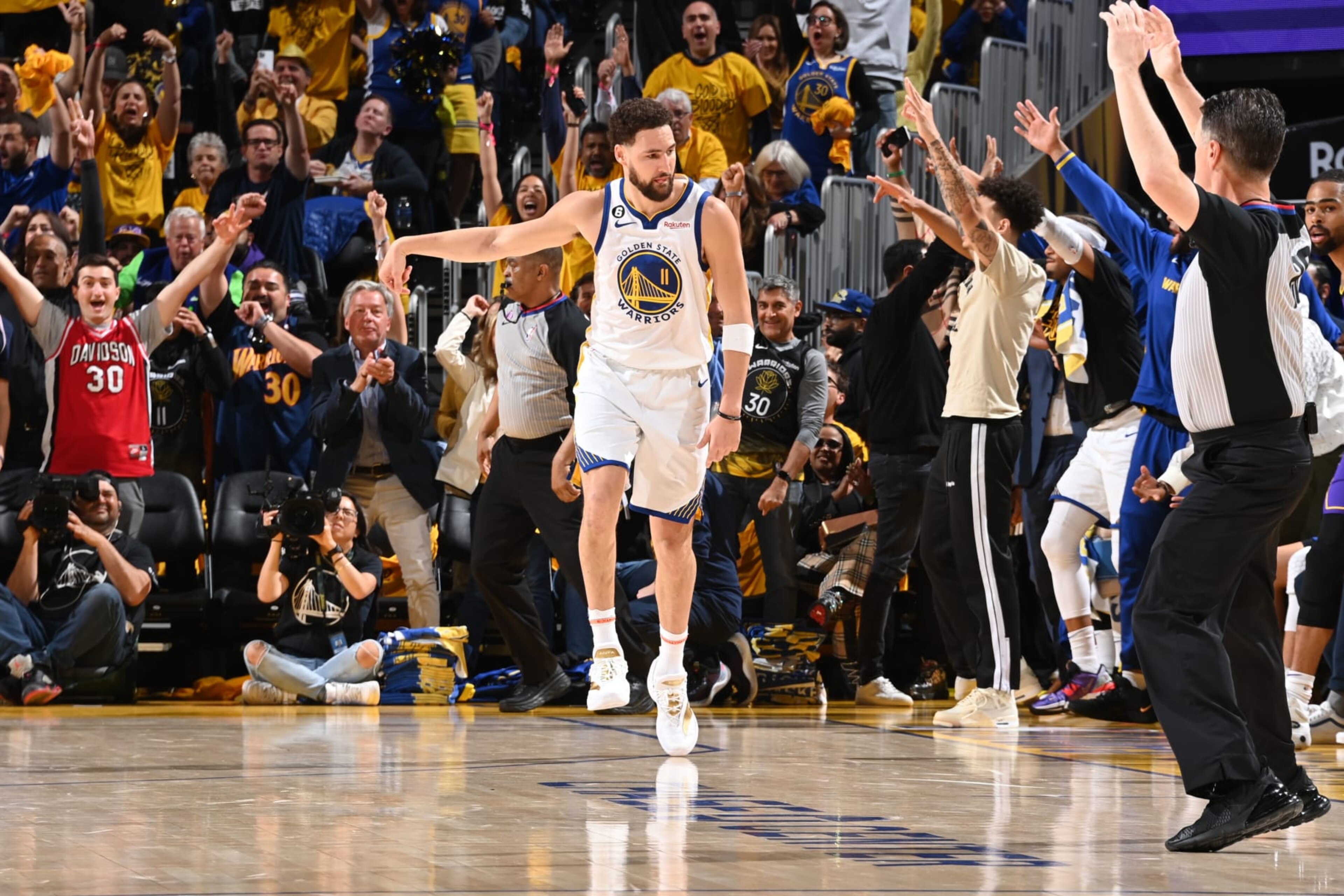 SAN FRANCISCO, CA - MAY 4: Klay Thompson #11 of the Golden State Warriors celebrates during the game against the Los Angeles Lakers during the Western Conference Semi Finals of the 2023 NBA Playoffs on May 4, 2023 at Chase Center in San Francisco, California. NOTE TO USER: User expressly acknowledges and agrees that, by downloading and/or using this Photograph, user is consenting to the terms and conditions of the Getty Images License Agreement. Mandatory Copyright Notice: Copyright 2023 NBAE (Photo by Andrew D. Bernstein/NBAE via Getty Images)