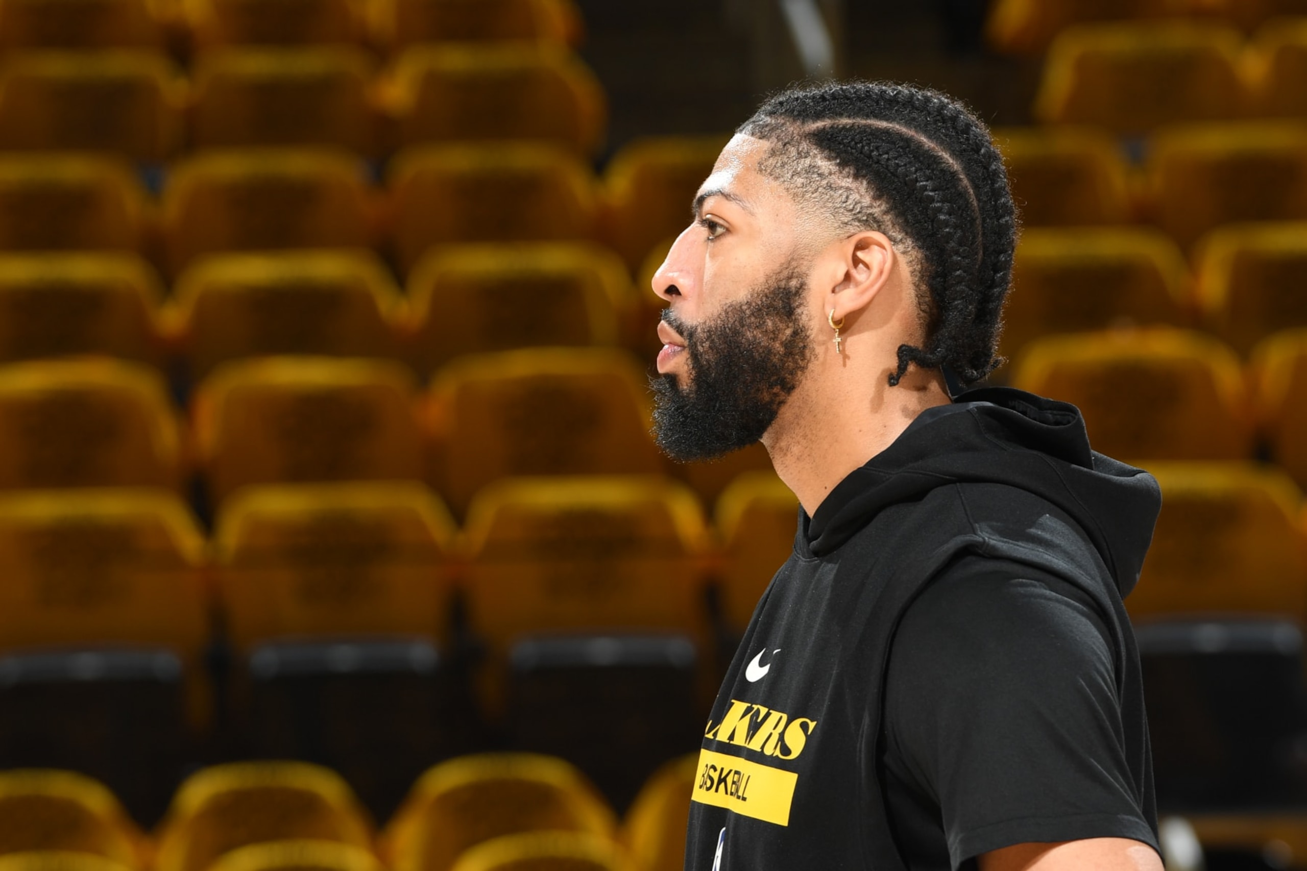 SAN FRANCISCO, CA - MAY 4: Anthony Davis #3 of the Los Angeles Lakers looks on before the game against the Golden State Warriors during the Western Conference Semi Finals of the 2023 NBA Playoffs on May 4, 2023 at Chase Center in San Francisco, California. NOTE TO USER: User expressly acknowledges and agrees that, by downloading and/or using this Photograph, user is consenting to the terms and conditions of the Getty Images License Agreement. Mandatory Copyright Notice: Copyright 2023 NBAE (Photo by Andrew D. Bernstein/NBAE via Getty Images)
