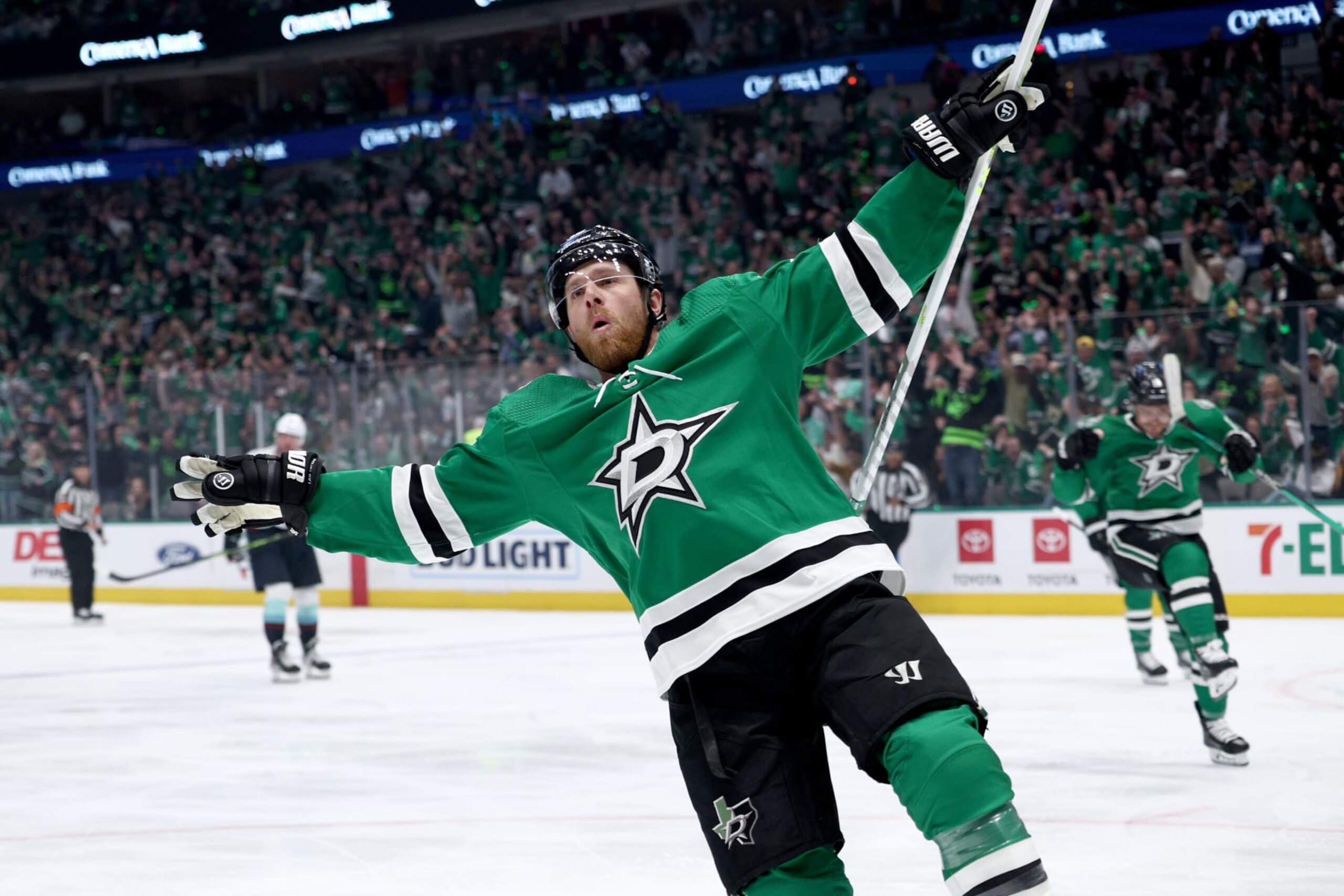 DALLAS, TEXAS - MAY 02: Joe Pavelski #16 of the Dallas Stars celebrates after scoring a goal against the Seattle Kraken in the first period in Game One of the Second Round of the 2023 Stanley Cup Playoffs at American Airlines Center on May 02, 2023 in Dallas, Texas. (Photo by Tom Pennington/Getty Images)