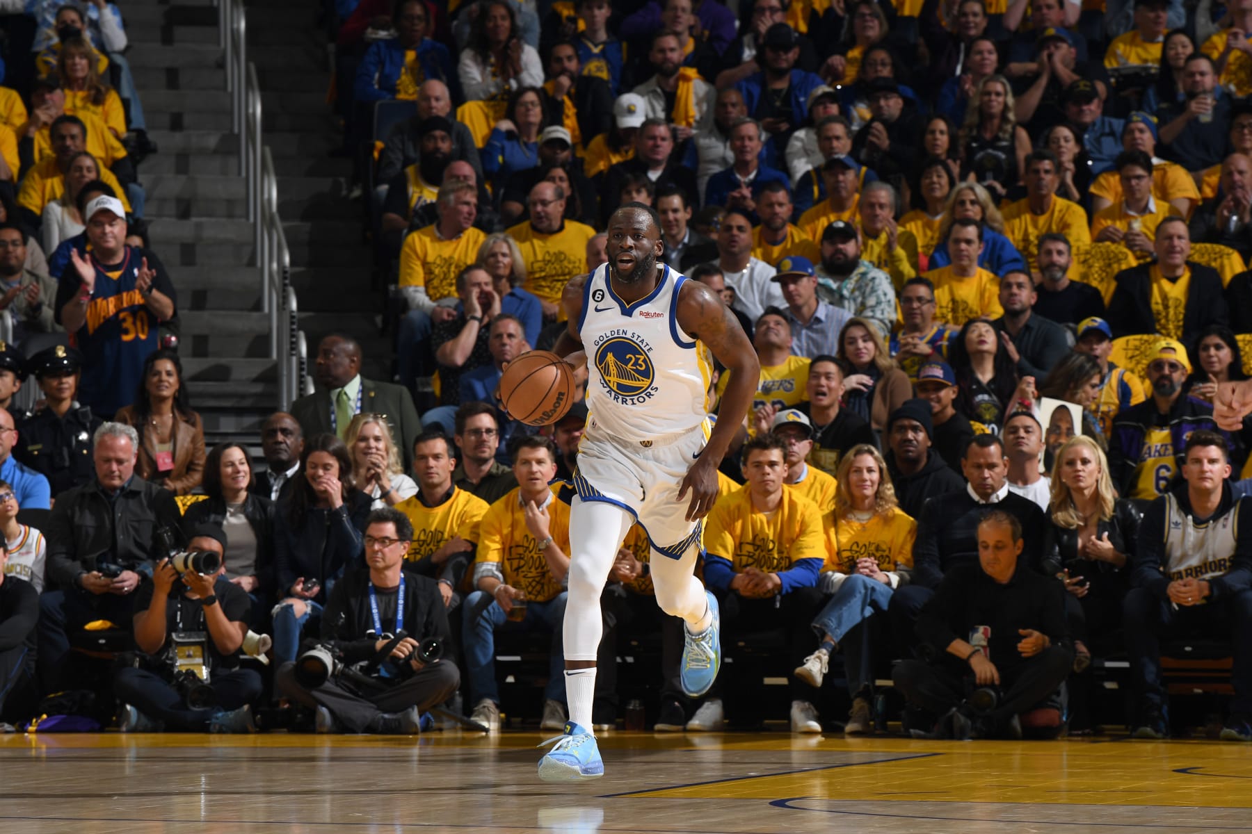 SAN FRANCISCO, CA - MAY 4: Draymond Green #23 of the Golden State Warriors dribbles the ball during the game against the Los Angeles Lakers during Game 2 of the 2023 NBA Playoffs Western Conference Semifinals on May 4, 2023 at Chase Center in San Francisco, California. NOTE TO USER: User expressly acknowledges and agrees that, by downloading and or using this photograph, user is consenting to the terms and conditions of Getty Images License Agreement. Mandatory Copyright Notice: Copyright 2023 NBAE (Photo by Noah Graham/NBAE via Getty Images)