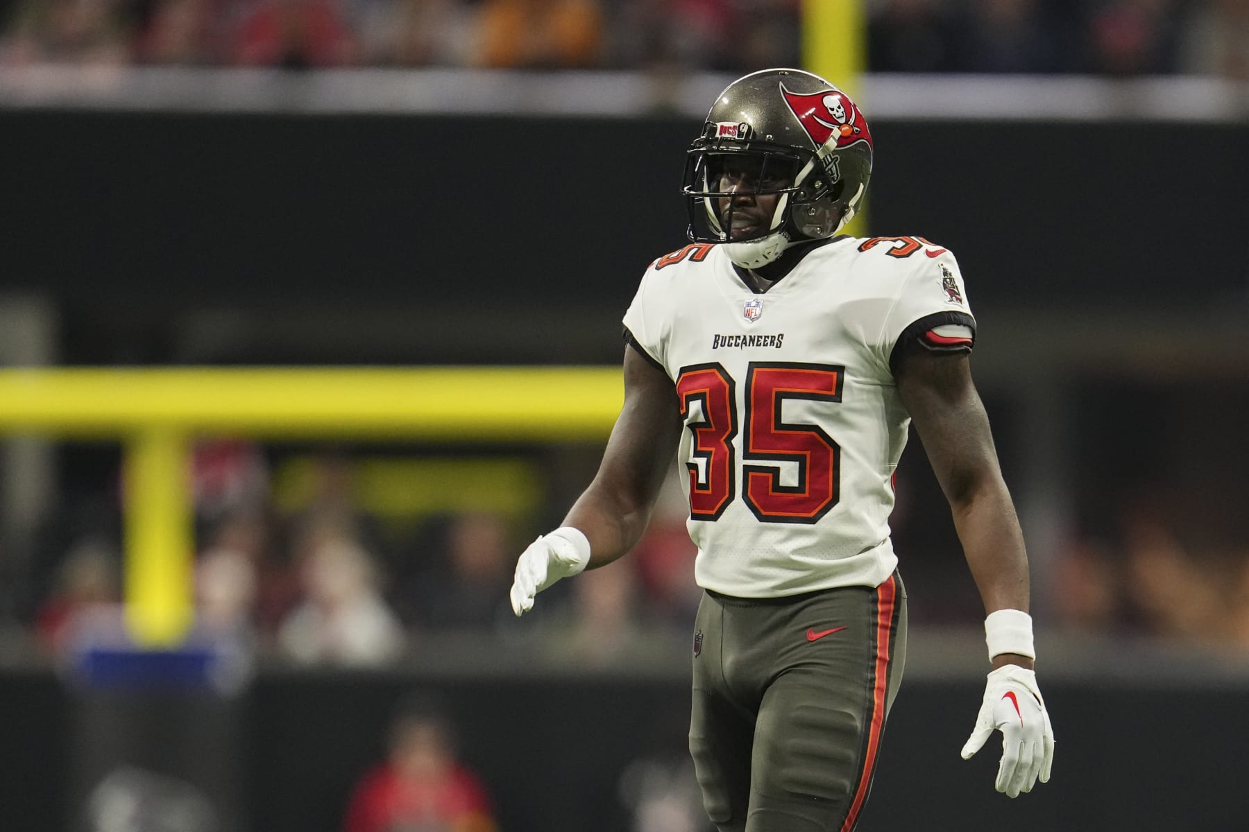ATLANTA, GA - JANUARY 08: Jamel Dean #35 of the Tampa Bay Buccaneers gets set against the Atlanta Falcons at Mercedes-Benz Stadium on January 8, 2023 in Atlanta, Georgia. (Photo by Cooper Neill/Getty Images)