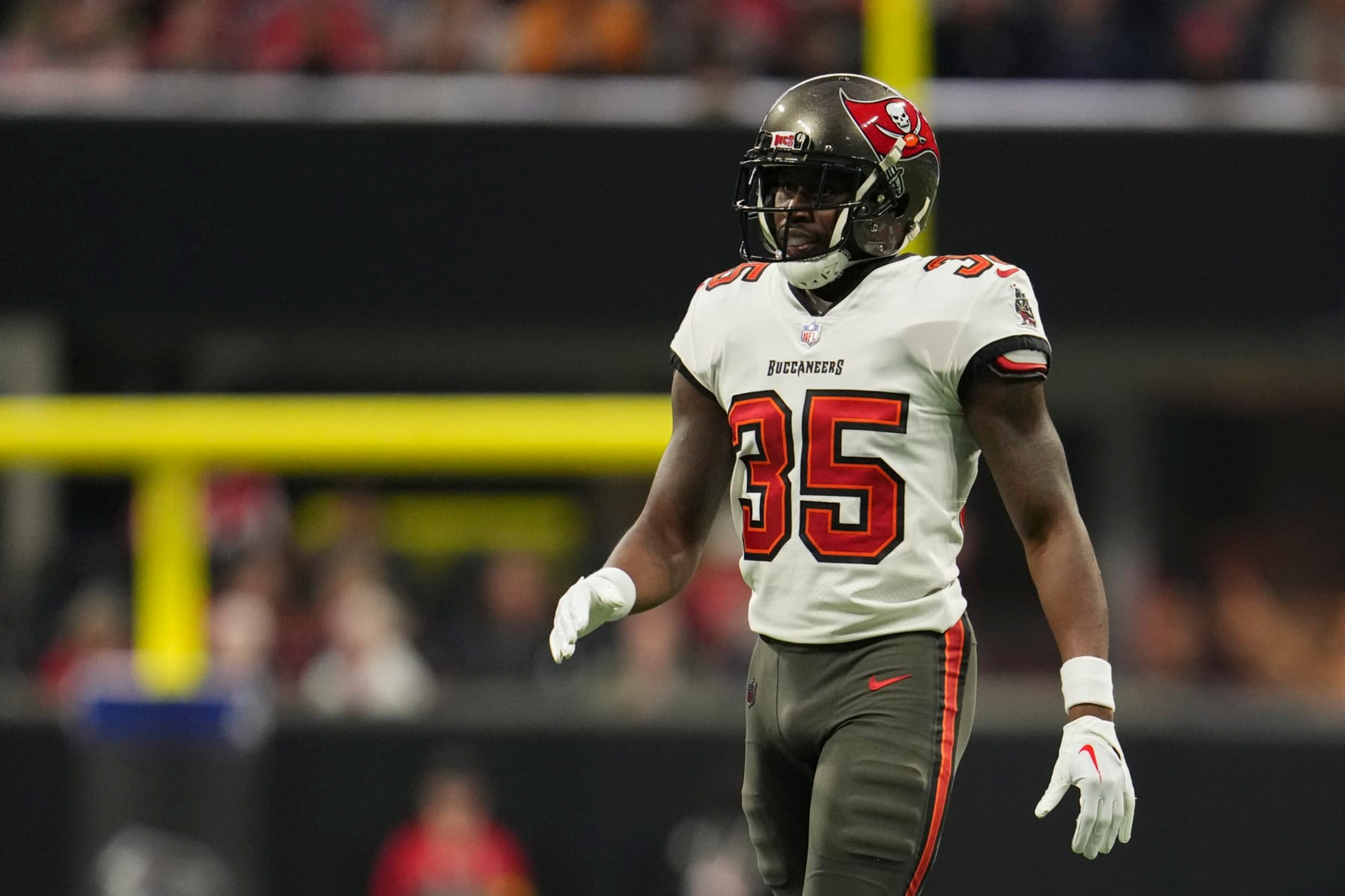 ATLANTA, GA - JANUARY 08: Jamel Dean #35 of the Tampa Bay Buccaneers gets set against the Atlanta Falcons at Mercedes-Benz Stadium on January 8, 2023 in Atlanta, Georgia. (Photo by Cooper Neill/Getty Images) ATLANTA, GA - JANUARY 08: Jamel Dean #35 of the Tampa Bay Buccaneers gets set against the Atlanta Falcons at Mercedes-Benz Stadium on January 8, 2023 in Atlanta, Georgia. (Photo by Cooper Neill/Getty Images)