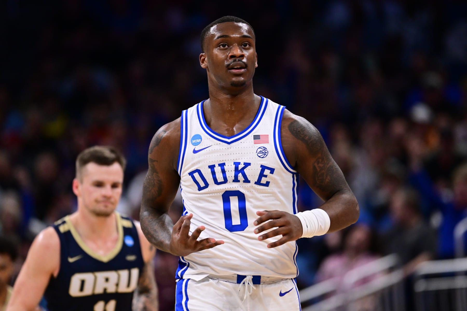 ORLANDO, FL - MARCH 16: Dariq Whitehead #0 of the Duke Blue Devils celebrates a three point basket against the Oral Roberts Golden Eagles during the first round of the 2023 NCAA Men's Basketball Tournament held at Amway Center on March 16, 2023 in Orlando, Florida. (Photo by Ben Solomon/NCAA Photos via Getty Images)