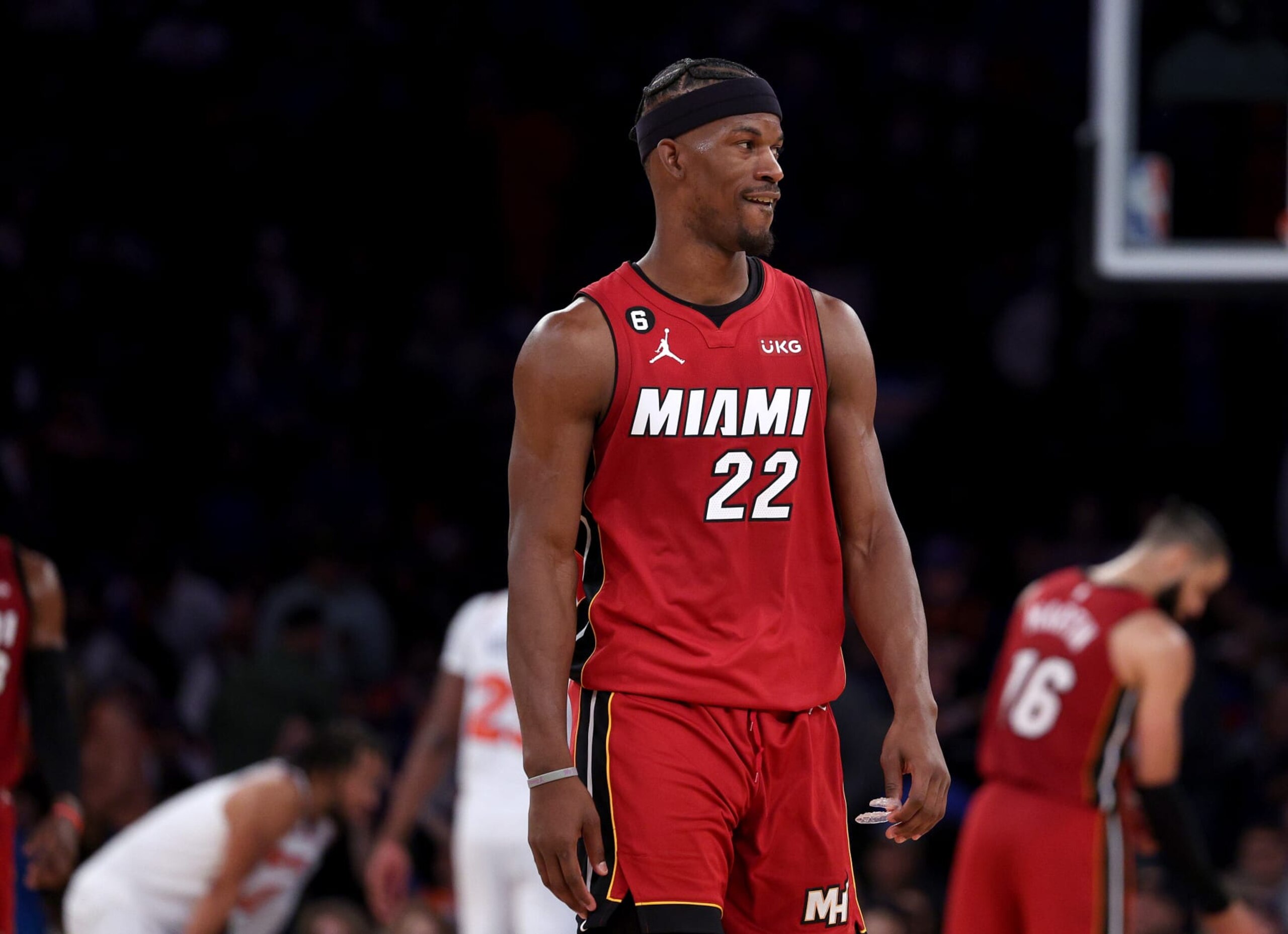 NEW YORK, NEW YORK - APRIL 30: Jimmy Butler #22 of the Miami Heat reacts in the second half during game one of the Eastern Conference Semifinals against the New York Knicks at Madison Square Garden on April 30, 2023 in New York City. The Miami Heat defeated the New York Knicks 108-101. NOTE TO USER: User expressly acknowledges and agrees that, by downloading and or using this photograph, User is consenting to the terms and conditions of the Getty Images License Agreement. (Photo by Elsa/Getty Images)