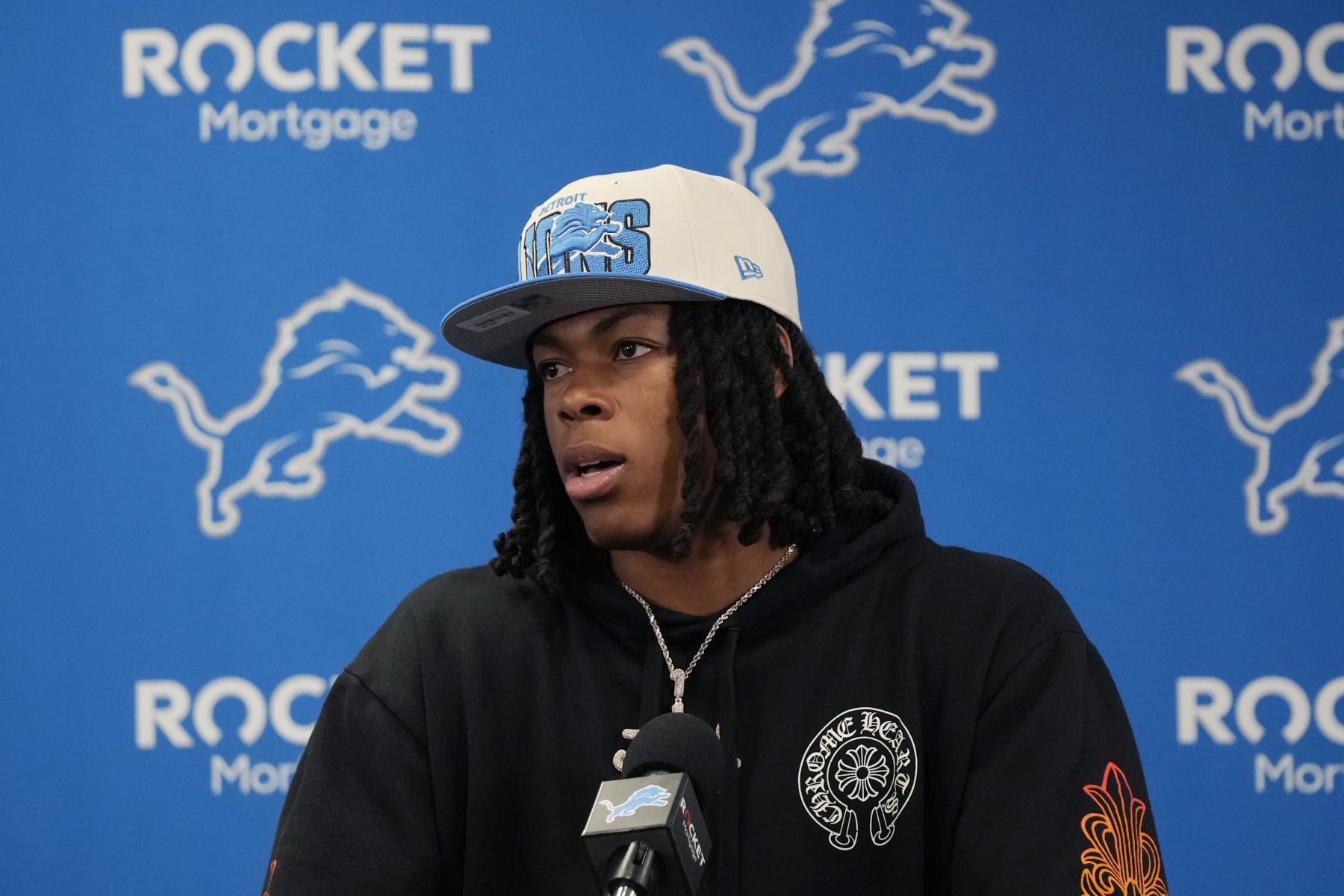Detroit Lions No. 12 draft pick Jahmyr Gibbs addresses the media during an NFL football news conference, Friday, April 28, 2023, in Allen Park, Mich. (AP Photo/Carlos Osorio)
