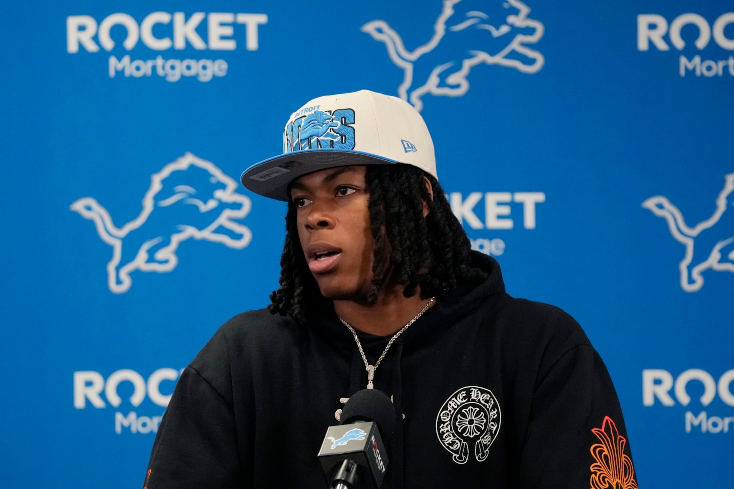Detroit Lions No. 12 draft pick Jahmyr Gibbs addresses the media during an NFL football news conference, Friday, April 28, 2023, in Allen Park, Mich. (AP Photo/Carlos Osorio) Detroit Lions No. 12 draft pick Jahmyr Gibbs addresses the media during an NFL football news conference, Friday, April 28, 2023, in Allen Park, Mich. (AP Photo/Carlos Osorio)