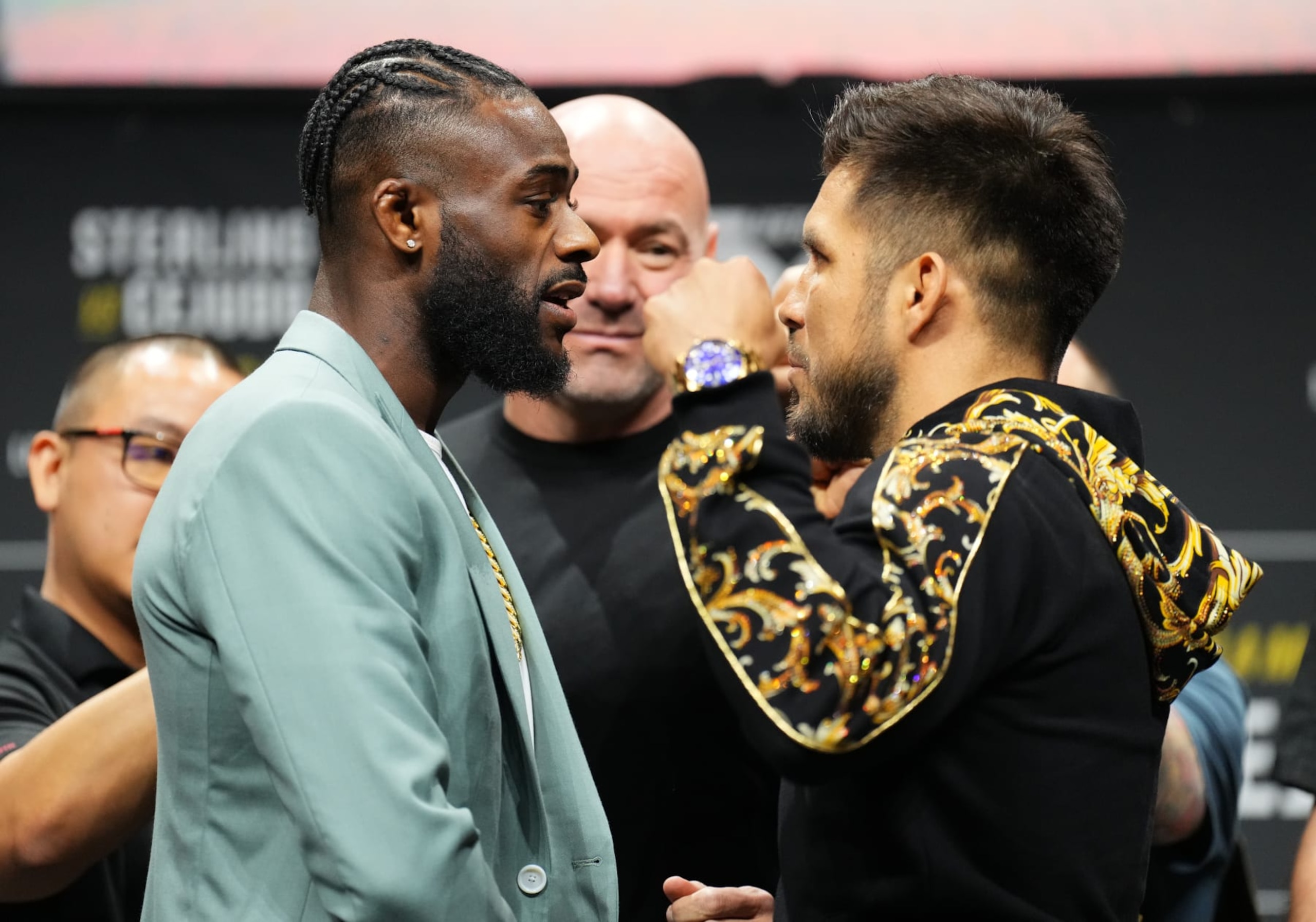 NEWARK, NEW JERSEY - MAY 04: (L-R) Opponents Aljamain Sterling and Henry Cejudo face off during the UFC 288 press conference at Prudential Center on May 04, 2023 in Newark, New Jersey. (Photo by Chris Unger/Zuffa LLC via Getty Images)