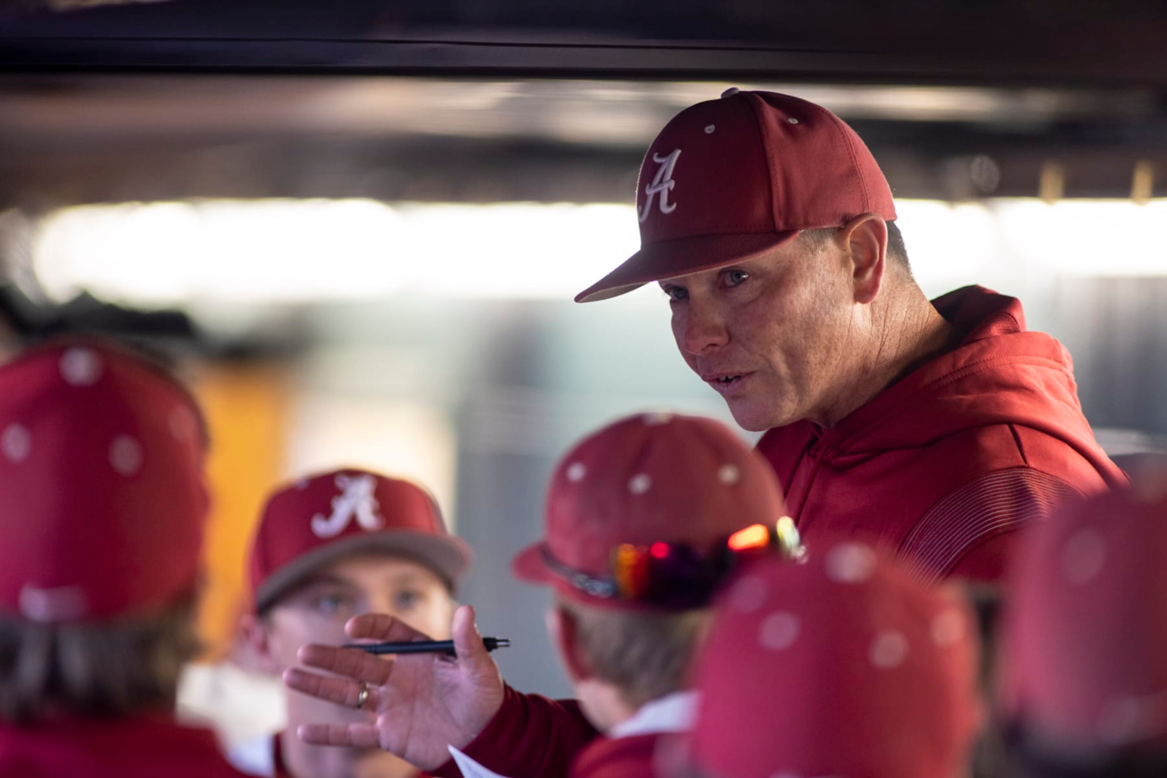 Alabama head coach Brad Bohannon talks with his team in the dugout after Alabama rallied in the bottom of the ninth for a 5-4 win over Xavier at an NCAA baseball game on Friday, Feb. 18, 2022, in Tuscaloosa, Ala. (AP Photo/Vasha Hunt) Alabama head coach Brad Bohannon talks with his team in the dugout after Alabama rallied in the bottom of the ninth for a 5-4 win over Xavier at an NCAA baseball game on Friday, Feb. 18, 2022, in Tuscaloosa, Ala. (AP Photo/Vasha Hunt)