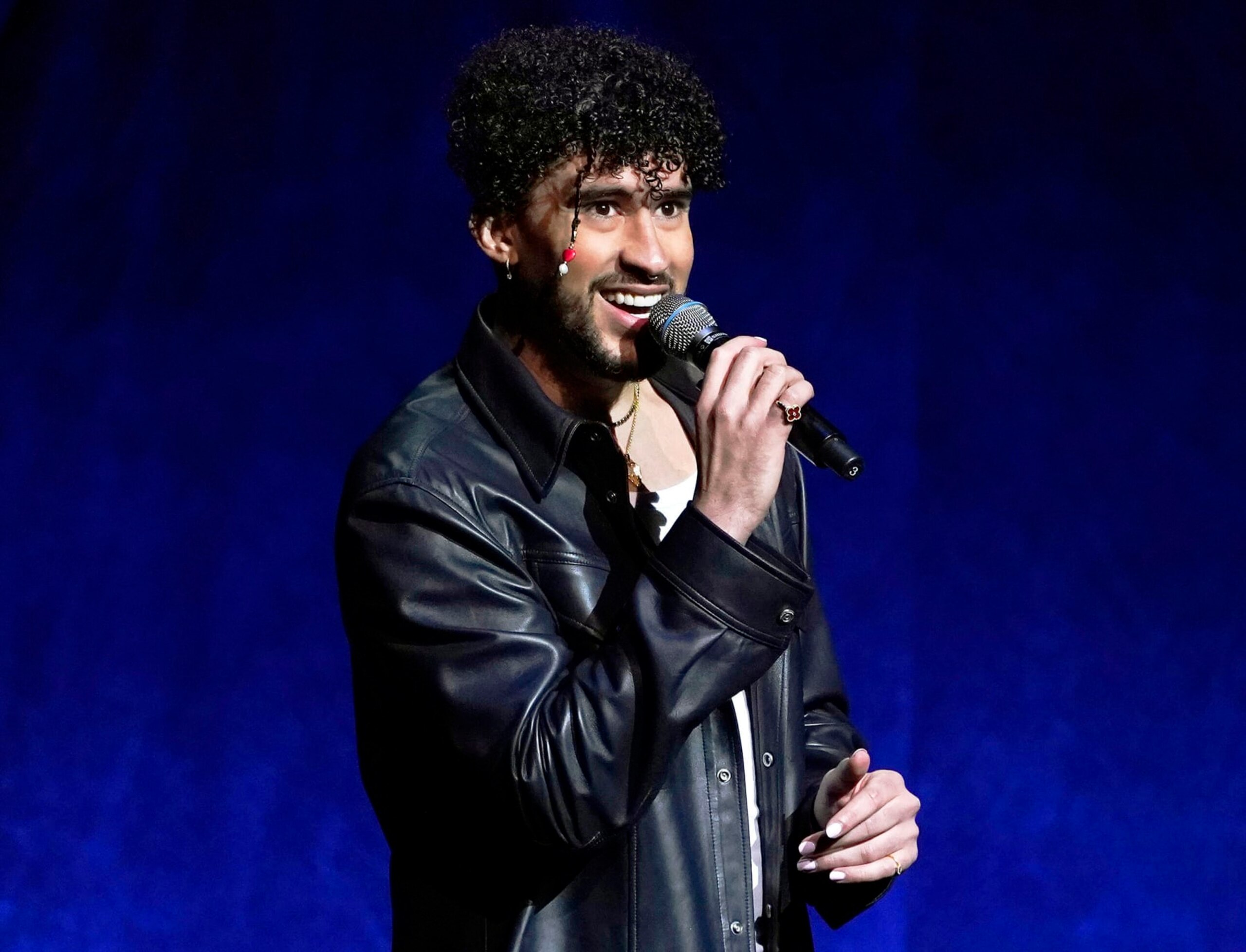 FILE - Bad Bunny speaks at the Sony Pictures Entertainment presentation at CinemaCon 2022 in Las Vegas on April 25, 2022. The Puerto Rican superstar was named Artist of the Year, thanks to his latest album, “Un Verano Sin Ti,” becoming Apple Music’s most streamed album of 2022 and the biggest Latin album of all time. (AP Photo/Chris Pizzello, File)
