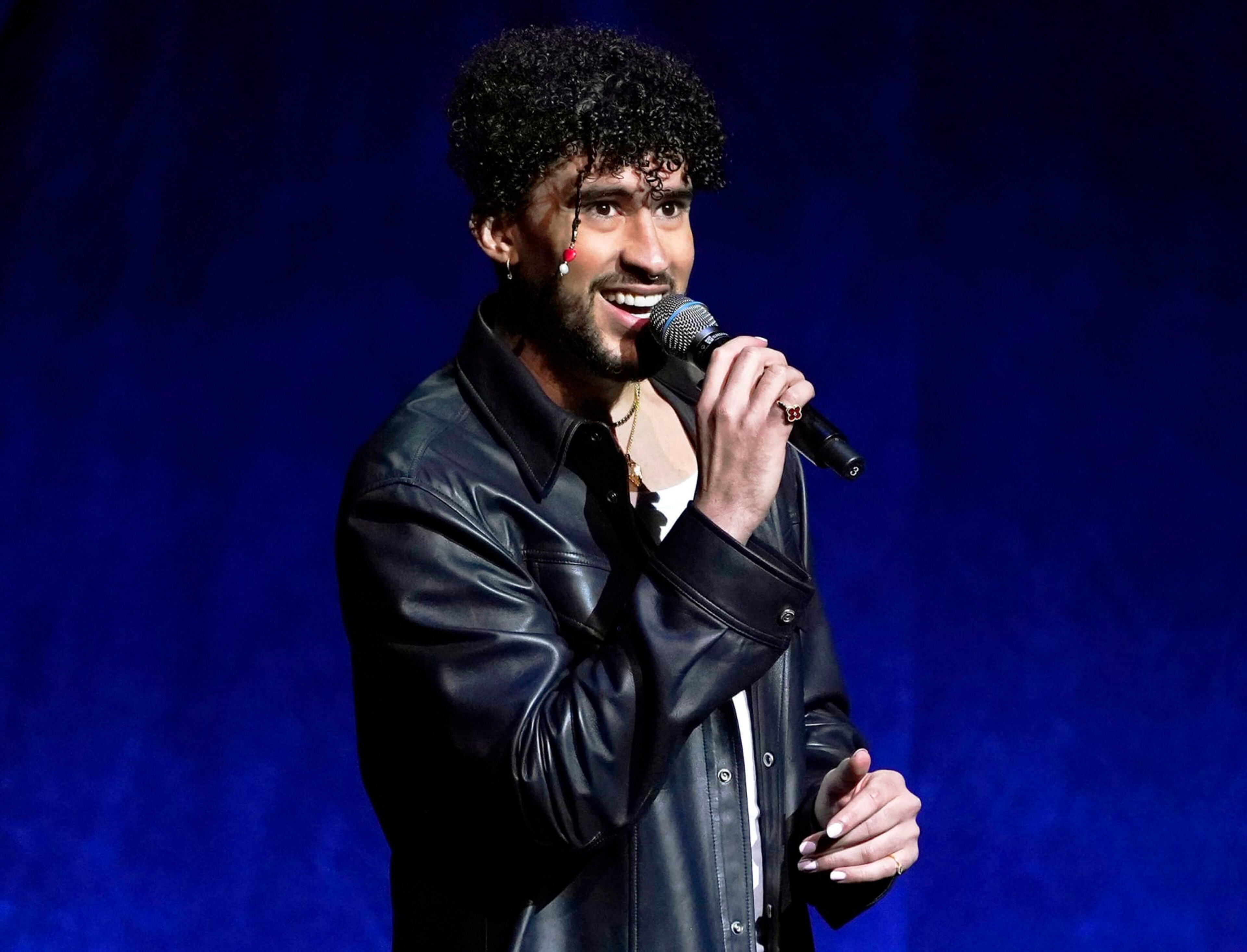 FILE - Bad Bunny speaks at the Sony Pictures Entertainment presentation at CinemaCon 2022 in Las Vegas on April 25, 2022. The Puerto Rican superstar was named Artist of the Year, thanks to his latest album, “Un Verano Sin Ti,” becoming Apple Music’s most streamed album of 2022 and the biggest Latin album of all time. (AP Photo/Chris Pizzello, File)